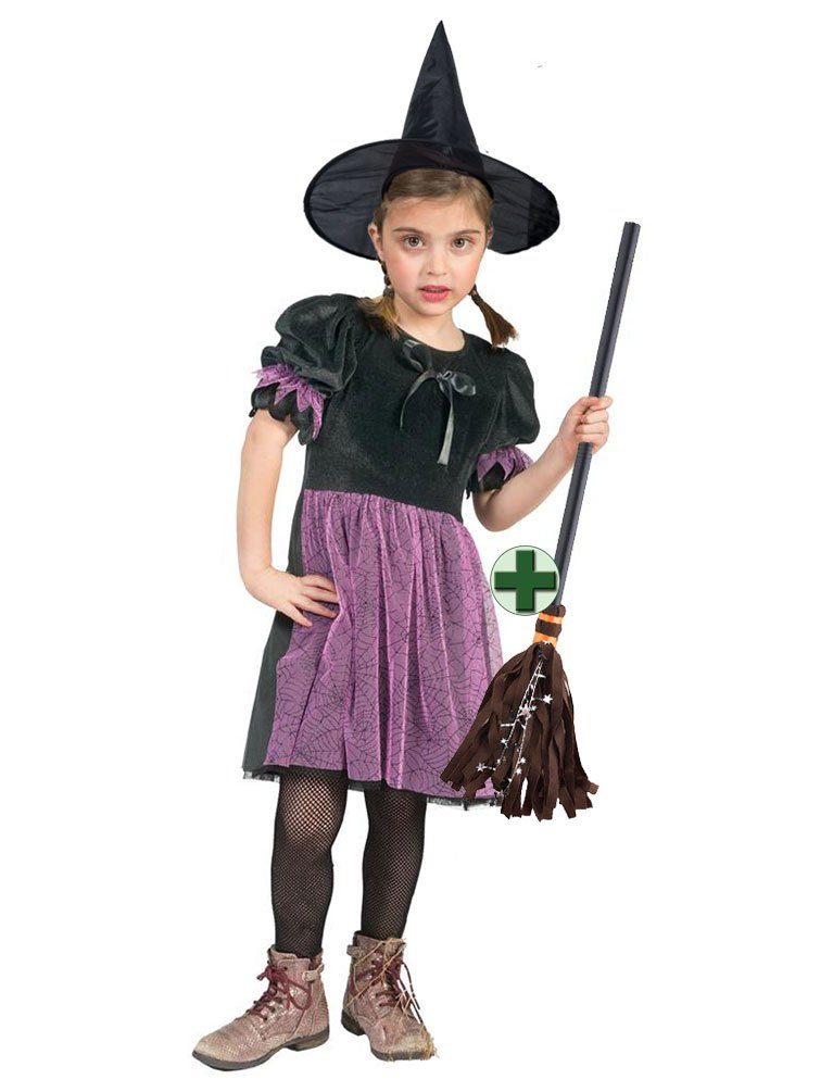 Hexen-Kostüm schwarz flieder Hexenkleid mit Hexenbesen Kinder