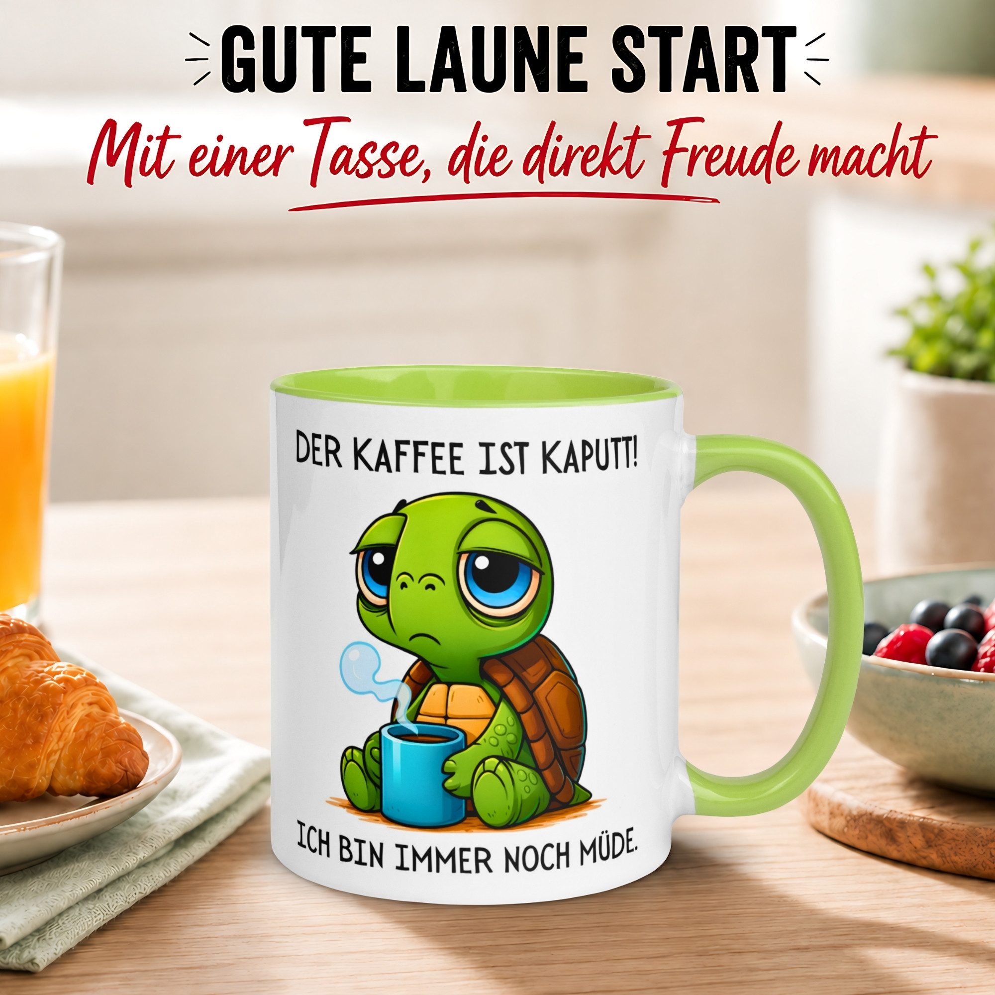 Momentals Tasse Schildkröte – „Der Kaffee ist kaputt“ – lustiges Morgenmuffel Geschenk, Gratis Versand · Links-&Rechtshänder · Spülmaschinenfest