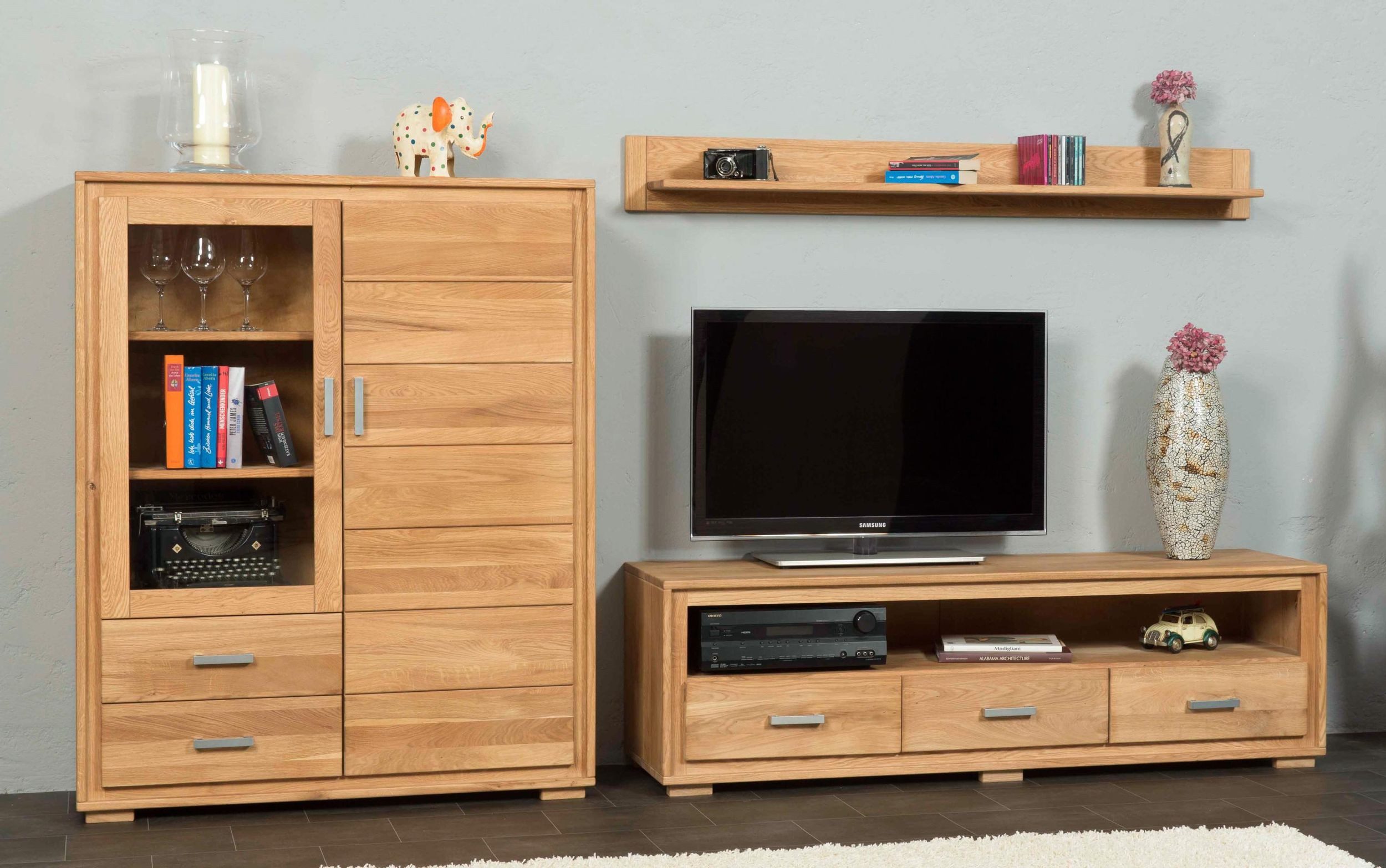 Trendmöbel24 Wohnzimmer-Set Wohnzimmerschrank Basel Set V 3-teilig Wildeiche Massivholz, (Komplett-Set, 3-St., Lowboard, Highboard, Wandboard)