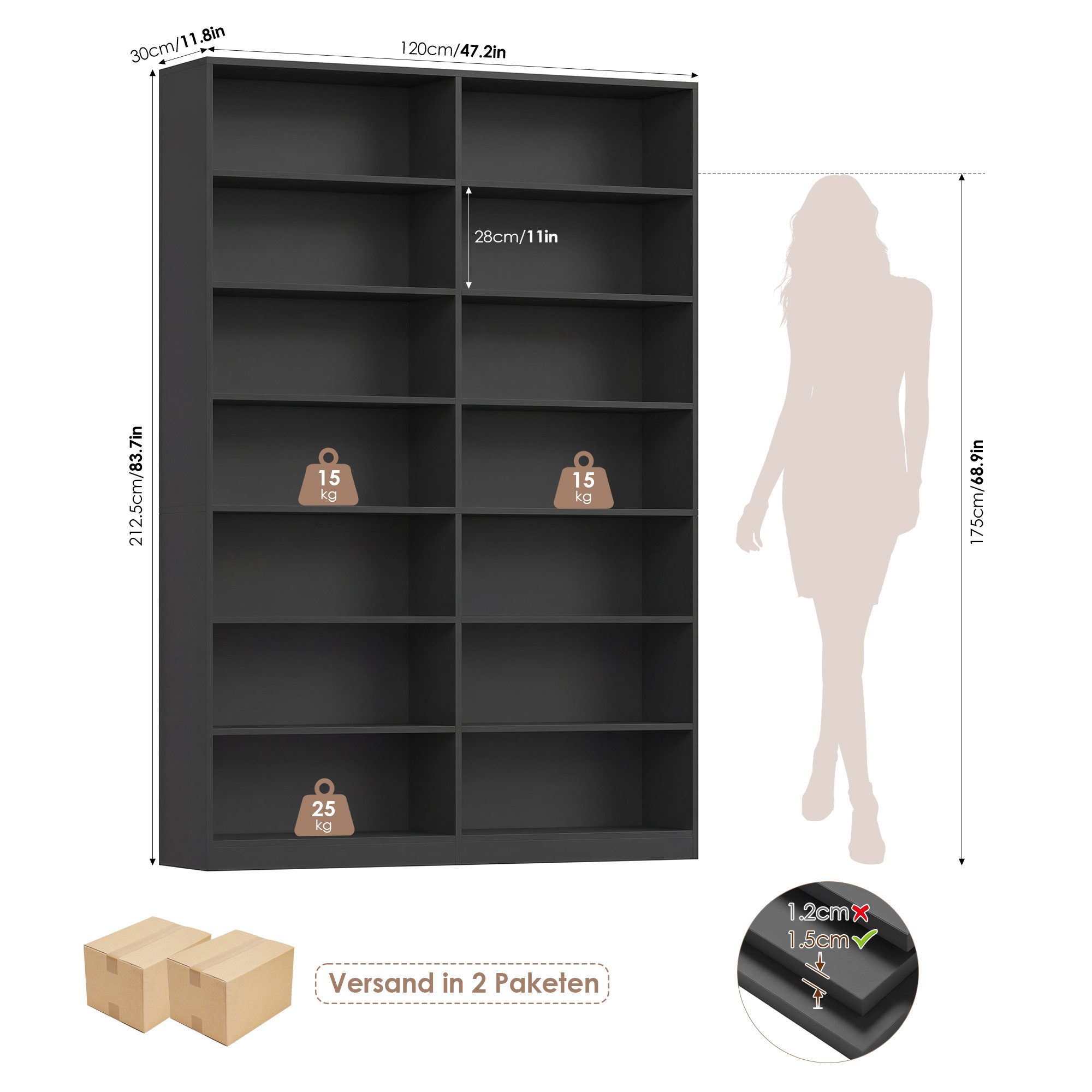 Homfa Bücherregal 212,5 cm hoch Standregal Bücherschrank Regal, mit 14 Fächern Raumteiler Aufbewahrungsregal 120x30x212,5 cm schwarz