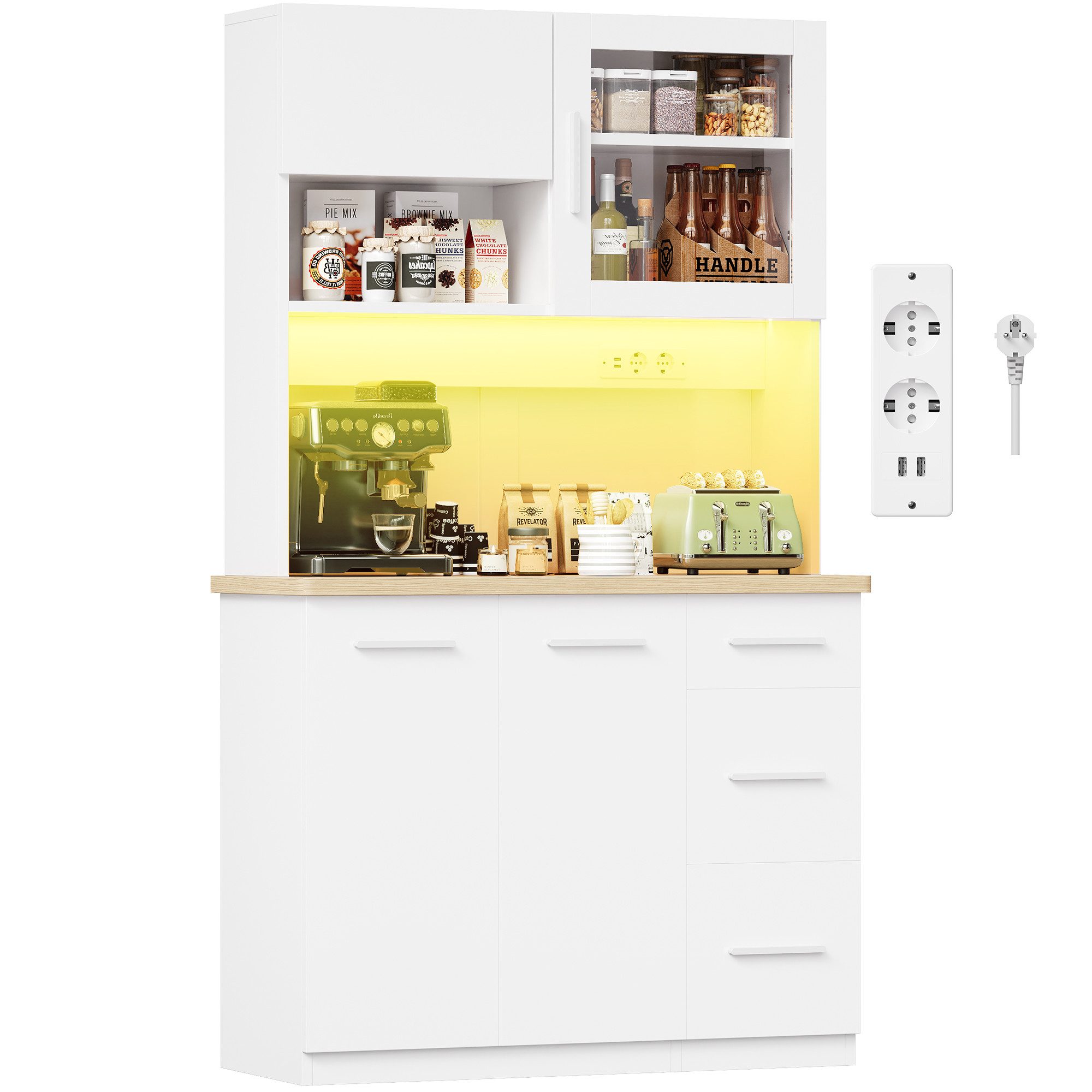 Furnicopia Küchenbuffet Hohe Schränke, Küchenzeilen, Sideboards, mit LED-Beleuchtung (Maße: 100 × 40 × 182 cm, mit 3 Schubladen + 3 Schranktüren + 1 offenem Staufach und Arbeitsplatte, 2 Steckdosen + 2 USB-Anschlüssen, mit verstellbaren Einlegeböden)