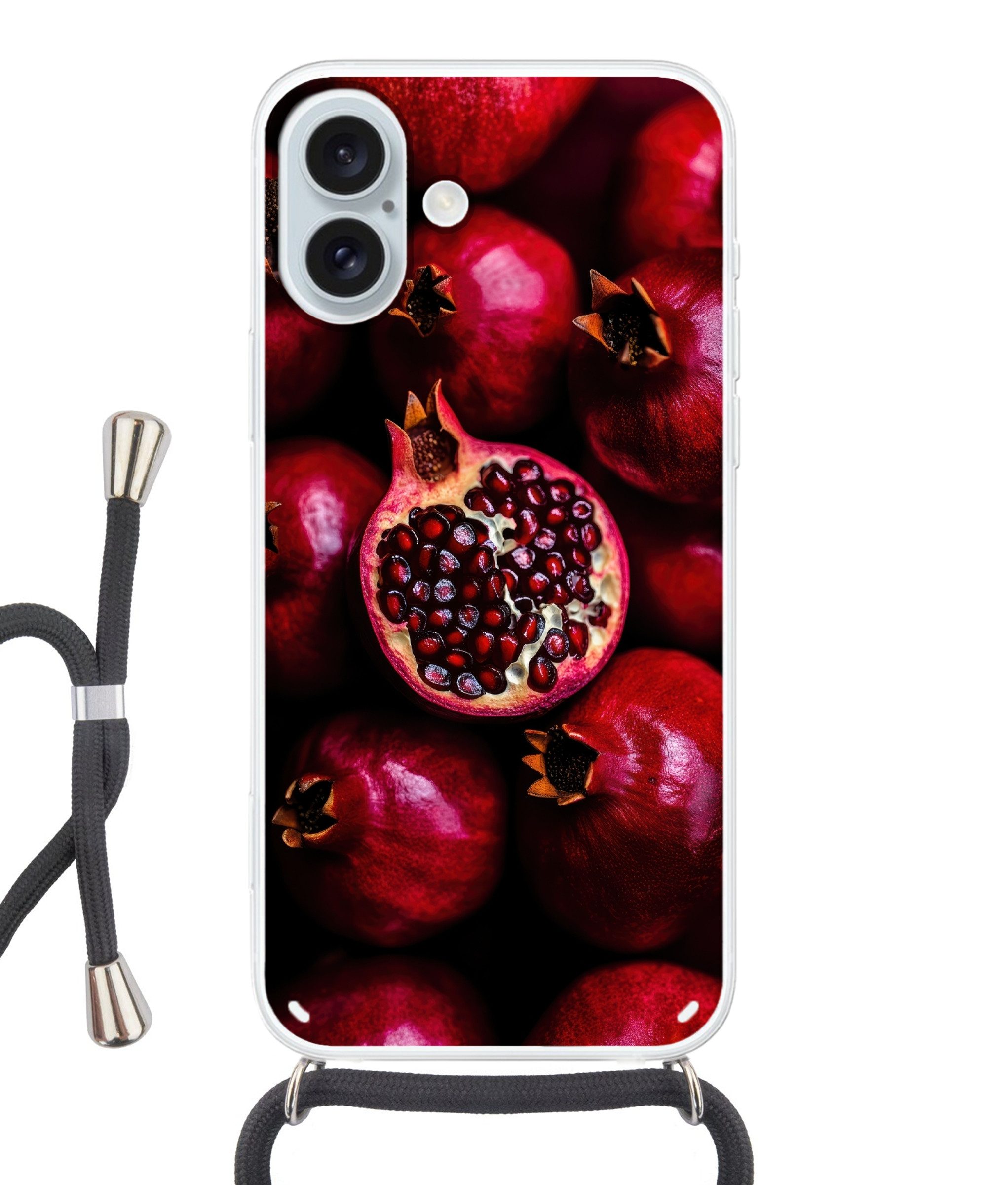 MuchoWow Handyhülle für Apple iPhone 16 Plus Granatapfel - Rot - Obst, Tragbare Handyhüllen mit Kette zum umhängen, Handykette Handyband