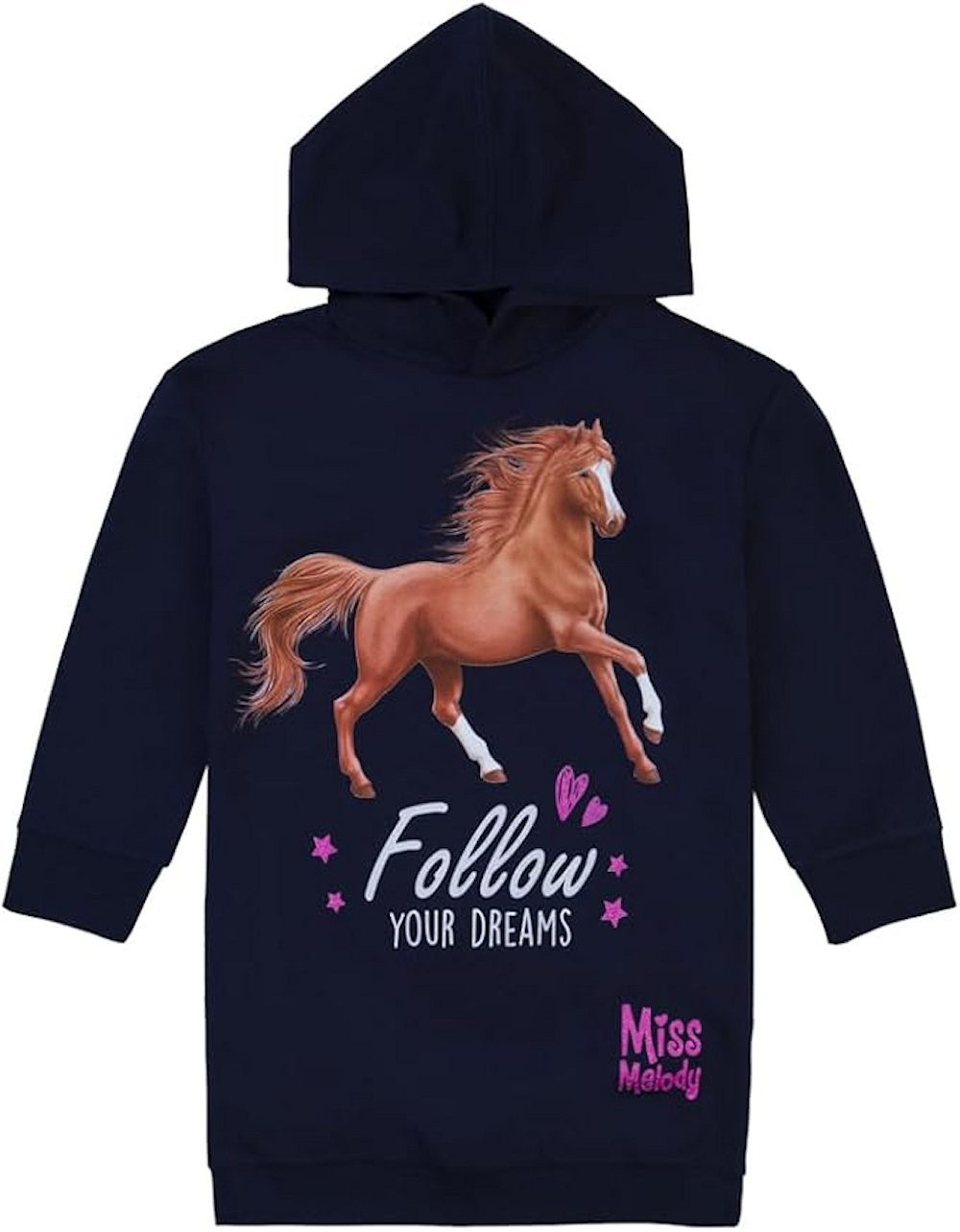 Miss Melody A-Linien-Kleid Miss Melody Kleid Kapuze Sweatkleid braunes Pferd dunkelblau (kein Set, 1-tlg) Markenlabel