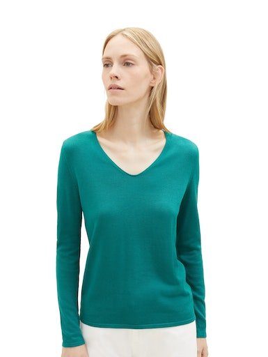 TOM TAILOR V-Ausschnitt-Pullover aus angenehmem Feinstrick ever green