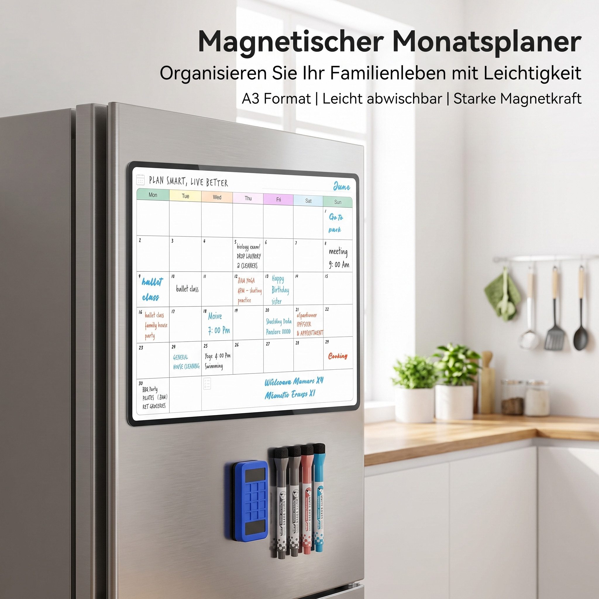 SURFOU Magnettafel Magnetischer Monatsplaner A3 Whiteboard für Kühlschrank