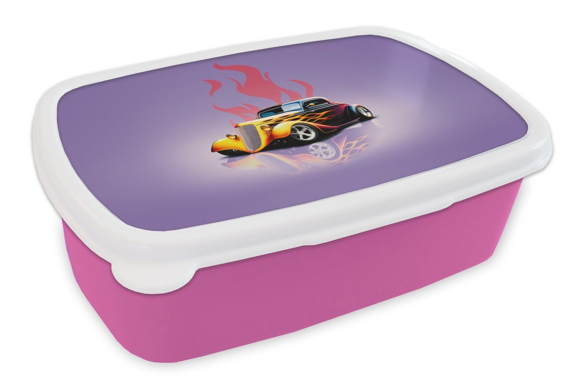 MuchoWow Lunchbox Auto - Lila - Flammen - Vintage, Kunststoff, (2-tlg), Brotbox für Erwachsene, Brotdose Kinder, Snackbox, Mädchen, Kunststoff rosa