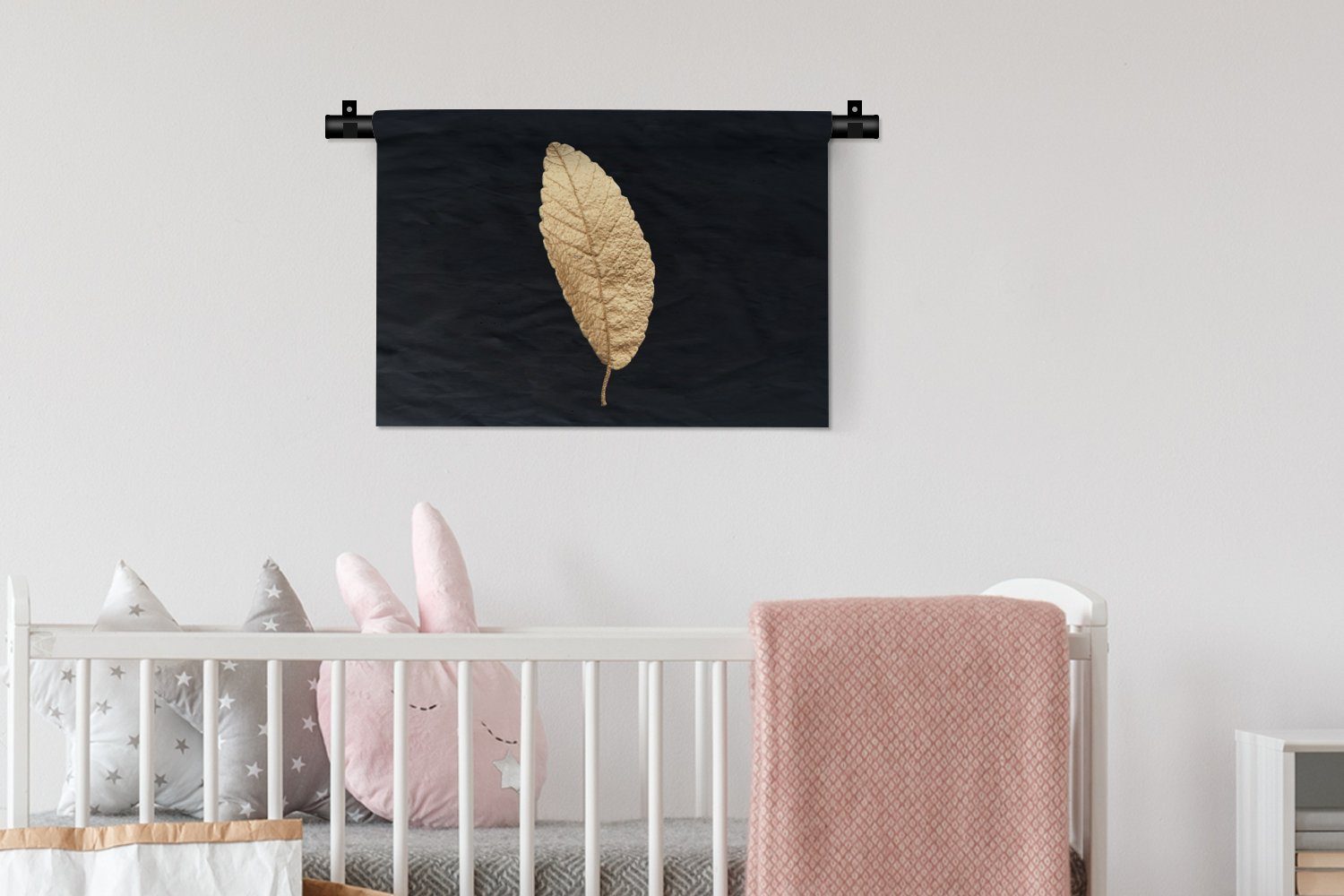 Schlafzimmer, MuchoWow - Blätter - Luxus, Wohnzimmer, - Gold Wandbehang, Schwarz Wanddeko für Schwarz Pflanzen Kinderzimmer Kleid, Wanddekoobjekt und -