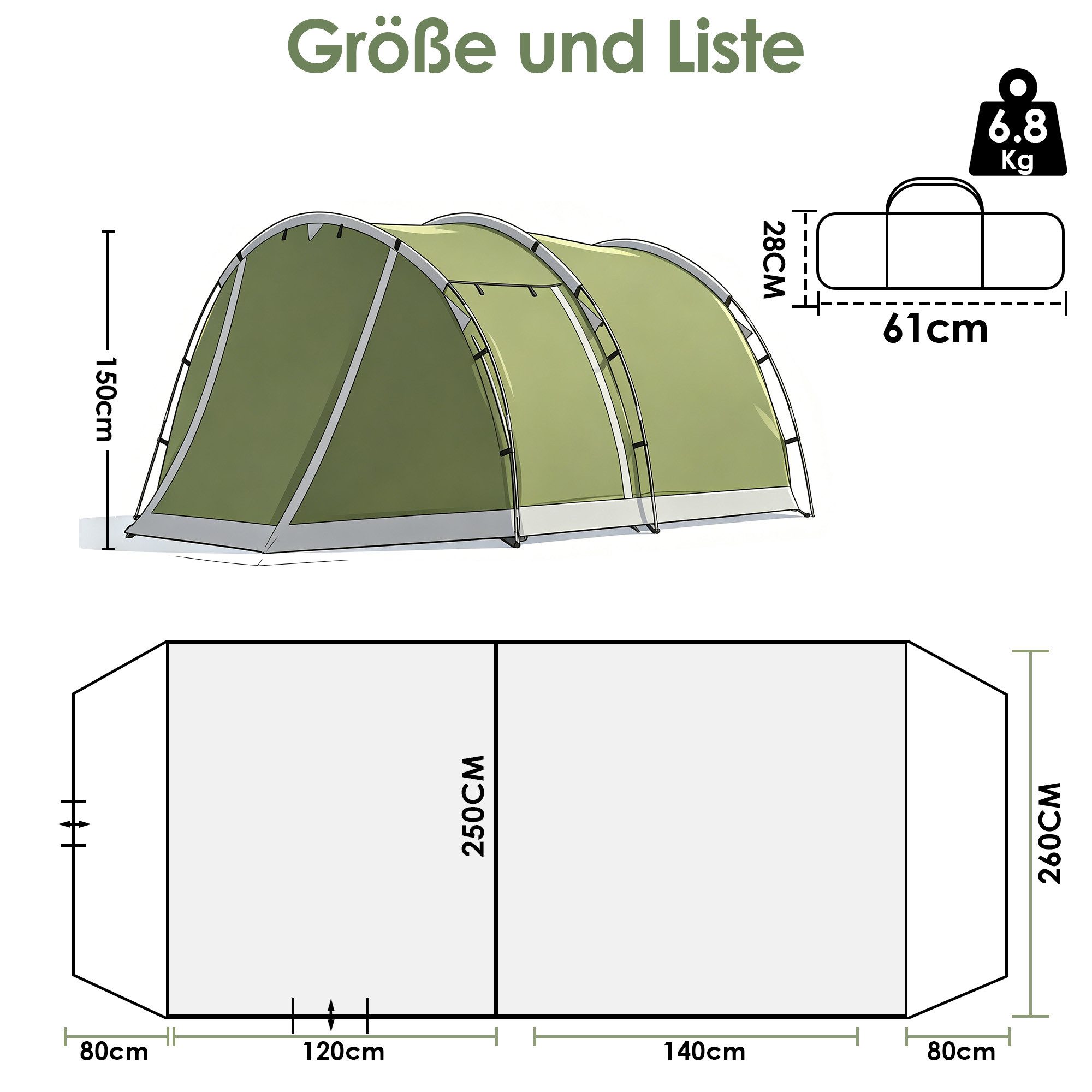 Lumkudos Tunnelzelt Camping Zelt 4 Personen Zelte 5000 mm Familienzelt 420 x 260 x 150 cm, Personen: 4 (Packung, 1 tlg., Tragetasche, Bodenplane, Innenzelt mit Moskitonetz, Heringe), Campingzelt mit Vorzelt Schlafkabine Tent mit abnehmbarem Zeltboden