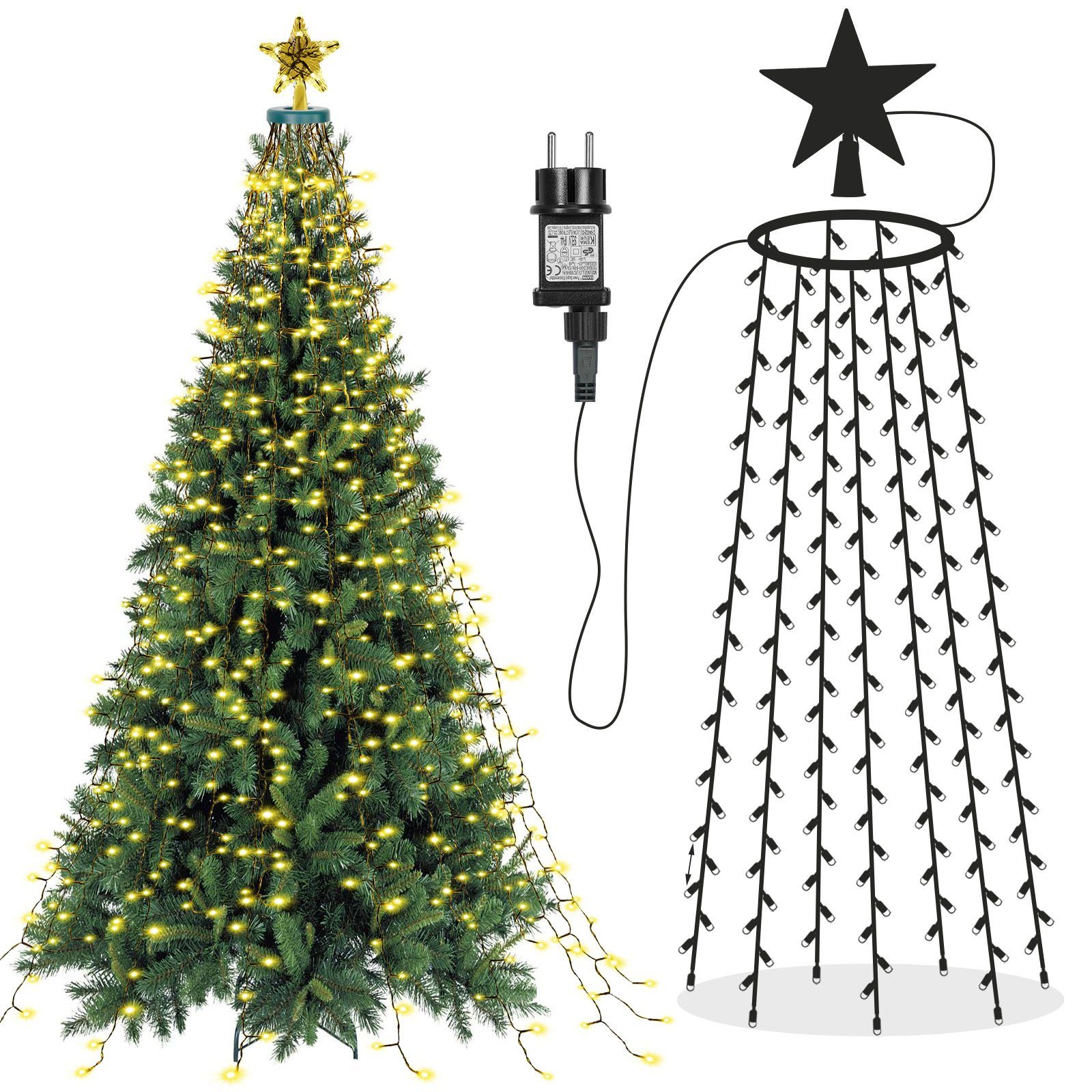 Rosnek LED-Lichtervorhang 31V, 16 Stränge, Stern-Topper, 8 Modi, Timer, für Weihnachtsbaum, Speicherfunktion; Dachgarten Deko; wasserdicht; 2/3M; 410/490LEDs