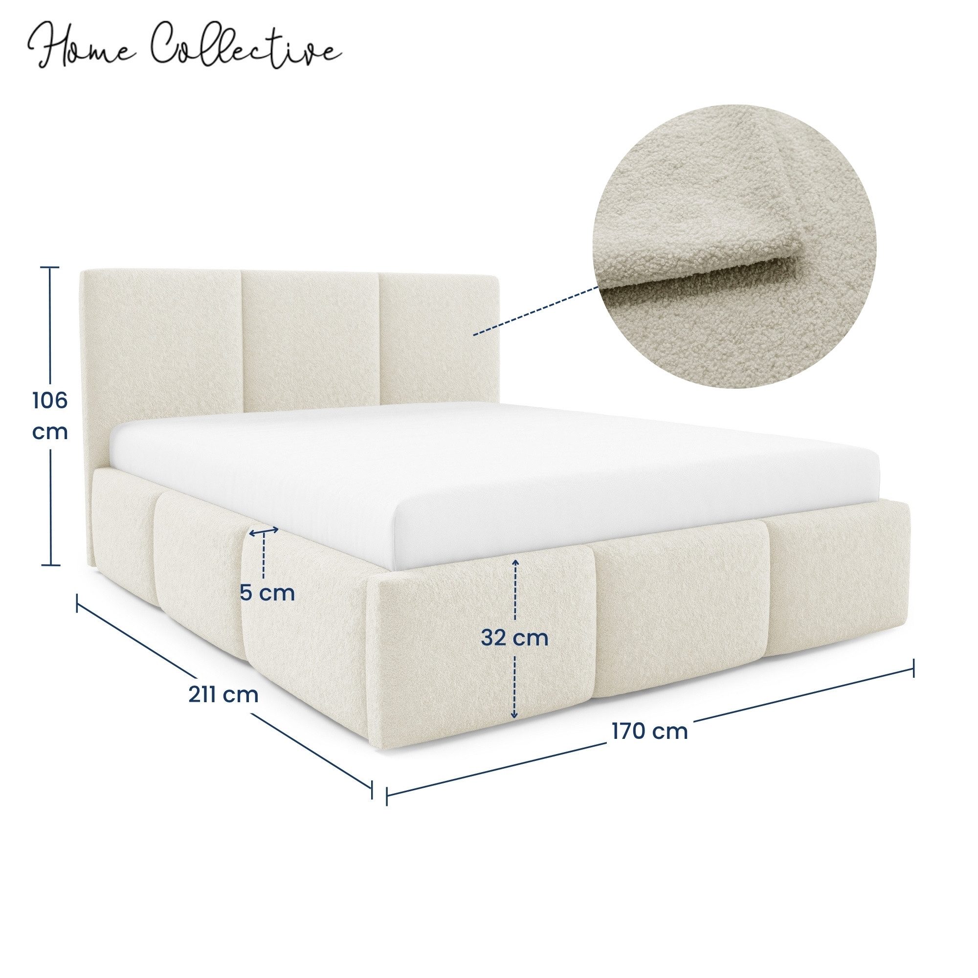 Home Collective Polsterbett Bett mit Stauraum Doppelbett Bettgestell mit Lattenrost (Größen: 140x200, 160x200, 180x200), weich gepolstert modernes Design Creme – Bild 3 von 5