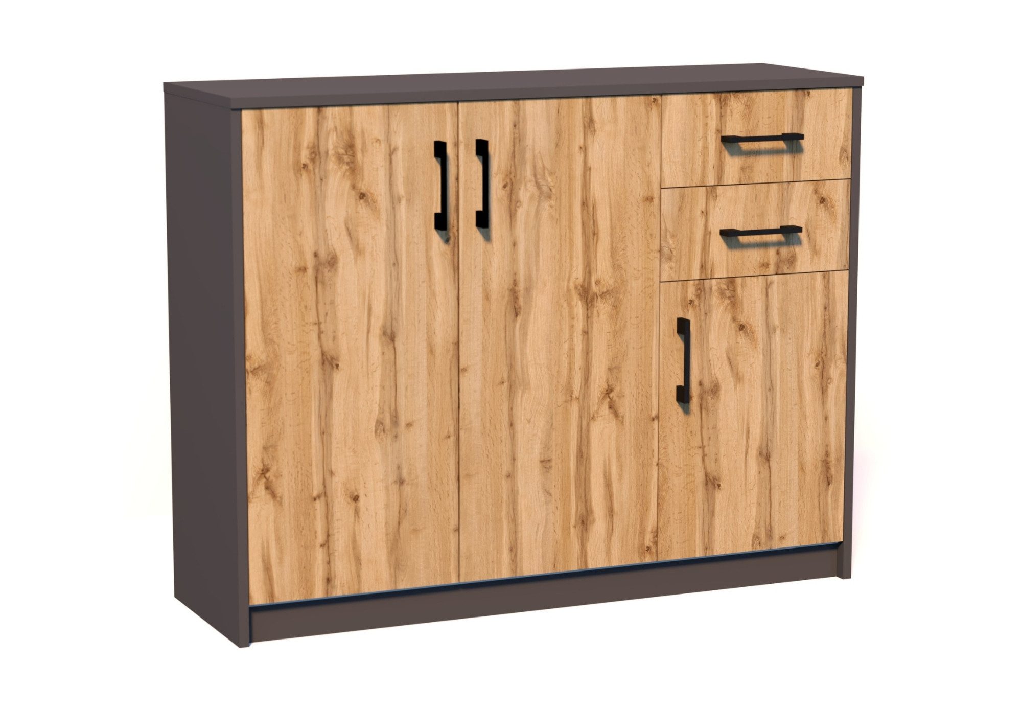 Home Collective Kommode mit 2 Schubladen und 3 Türen in matter Ausführung, Kommode 110cm breit (Hergestellt aus laminierten Platten, Metallrollen mit Auszugsperre), Holz Schrank Sideboard Highboard Kommode mit Schubladen Graphit-Eiche
