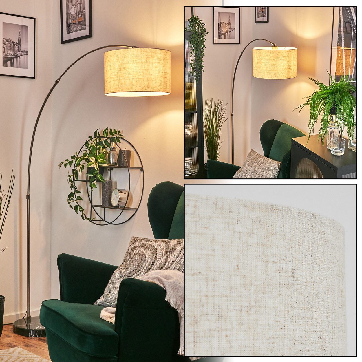 hofstein Bogenlampe Stehlampe mit Marmorfuß aus Metall/Stoff in Nickel/Schwarz/Beige/Weiß, verstellbare Stehleuchte im modernen Design, Ø 35 cm, Fußschalter, E27