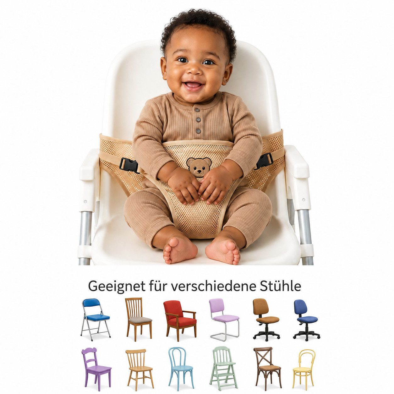 ILOKEN Baby-Sitzhilfe für Stühle, Universal, verstellbar, tragbar, beige Kinder-Sicherheitsgurt, Inklusive Aufbewahrungstasche – ideal für Urlaub und unterwegs