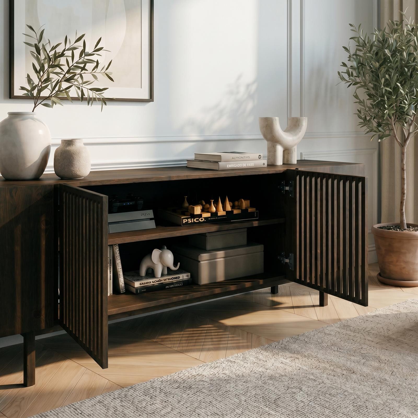 IDIMEX Lowboard LINN, Sideboard 180 cm aus Massivholz mit Lamellentüren Nussbaum Finish