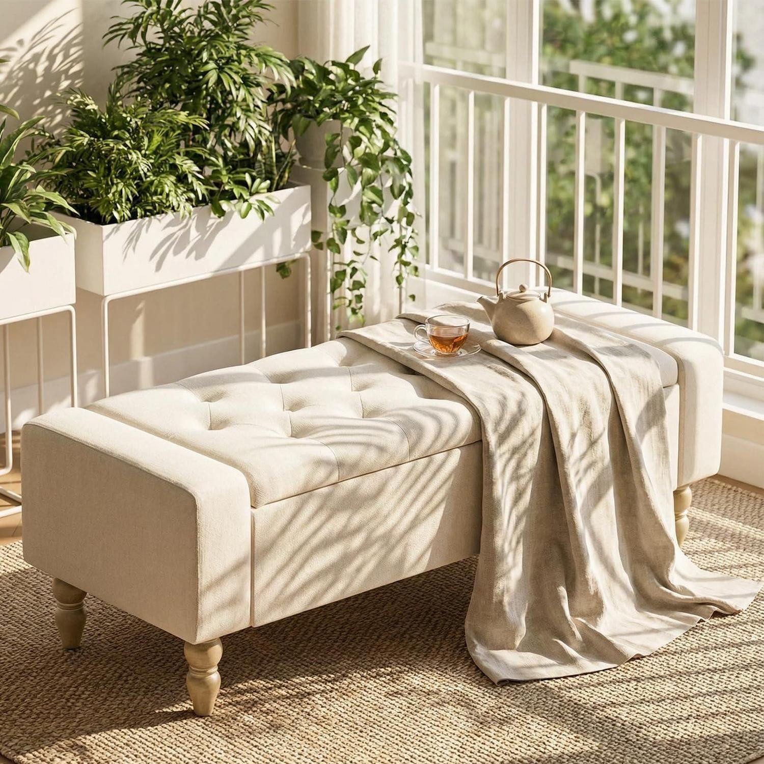 LuxusKollektion Truhenbank Sitzbank mit Stauraum 120cm Leinen beige (1-St)