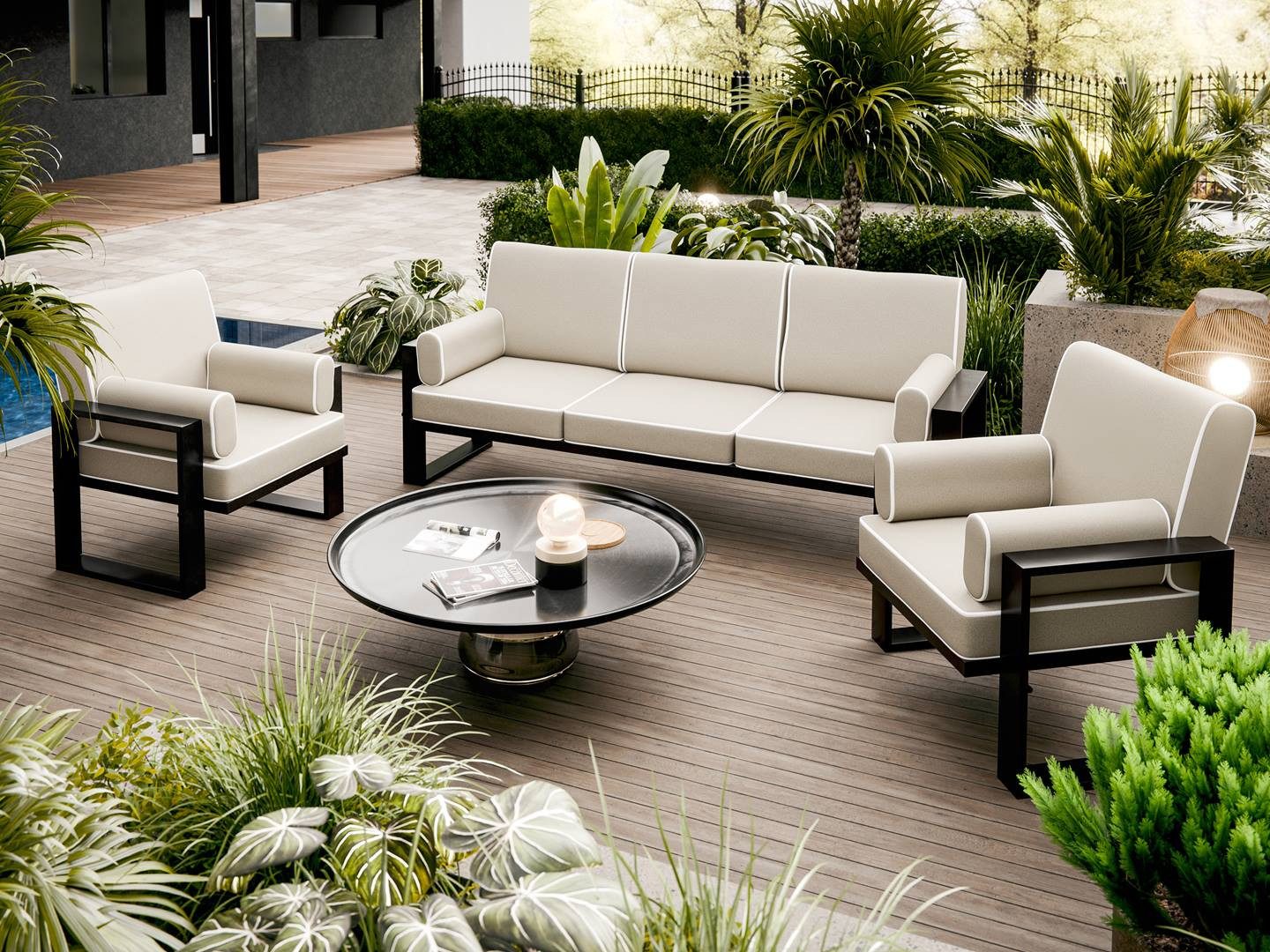 Beautysofa Gartensofa VERDINO - 3sitzer Sofa, Outdoor-Sofa mit Edelstahlrahmen, wasserdichtem Stoff & hohem Sitzkomfort