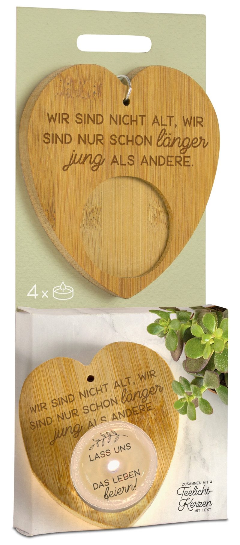 formano Teelichthalter Magic Kerze nicht alt, länger jung Bambus-Holz-Herz 4 Teelichter (1 St), aus Bambus