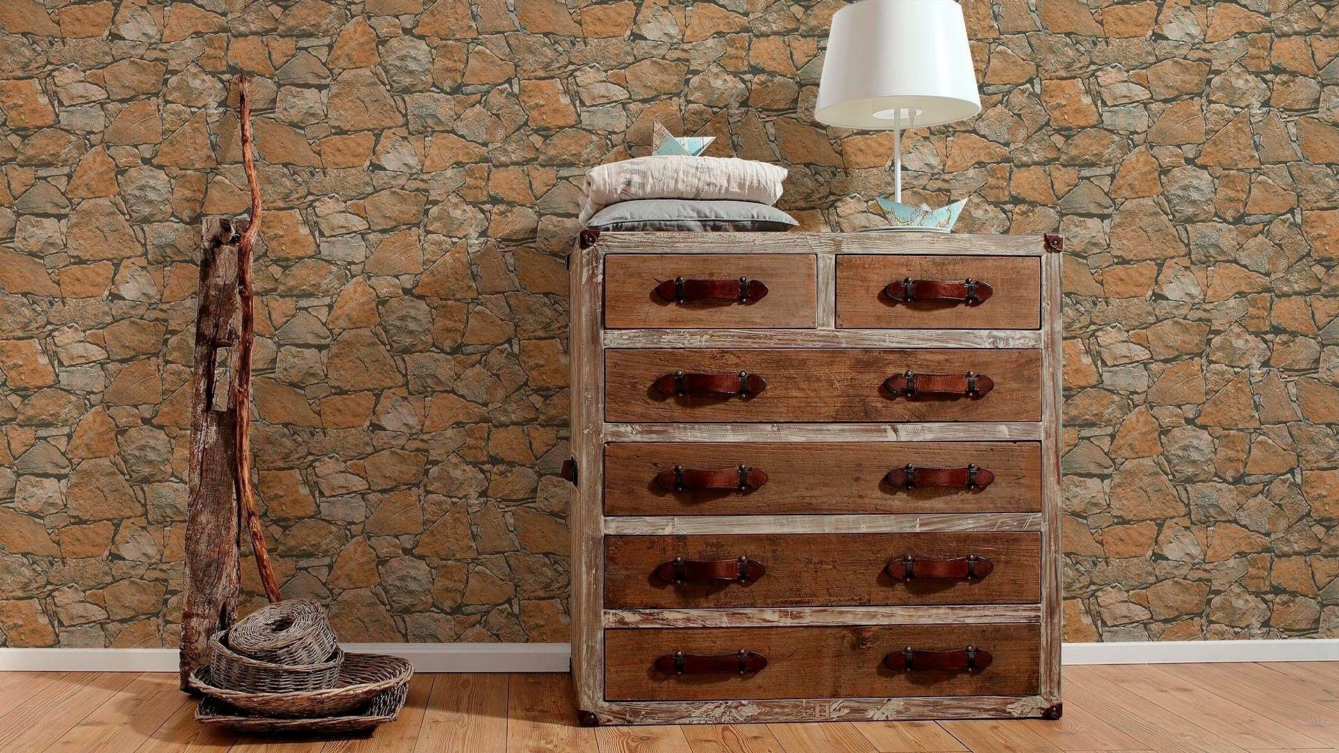 living walls matt Steinoptik, Wood`n leicht of Steintapete strukturiert Edition, Vliestapete braun Best 2nd Stone
