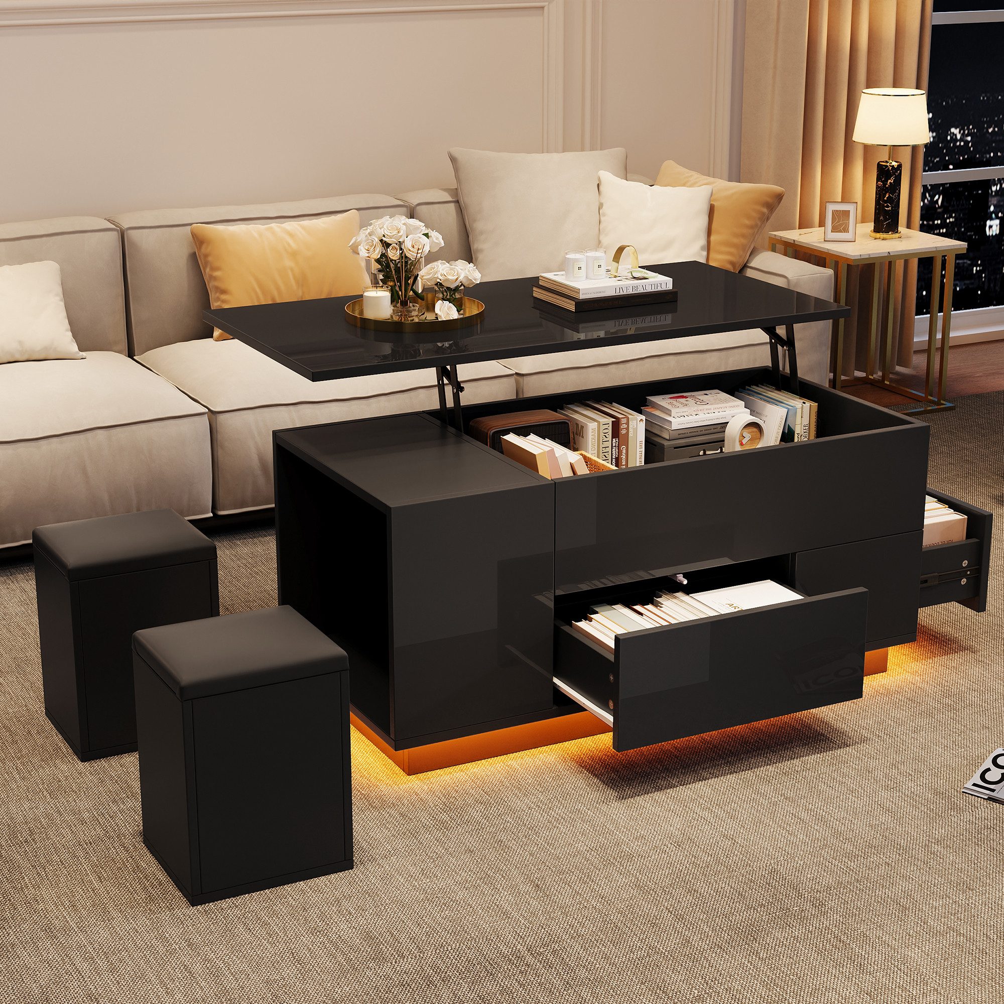 Merax Couchtisch 4-in-1 höhenverstellbar Sofatisch mit LED-Beleuchtung (1-St., mit App-gesteuertem Licht & Liftfunktion), Wohnzimmertisch mit verstecktem Staura – Bild 4 von 5