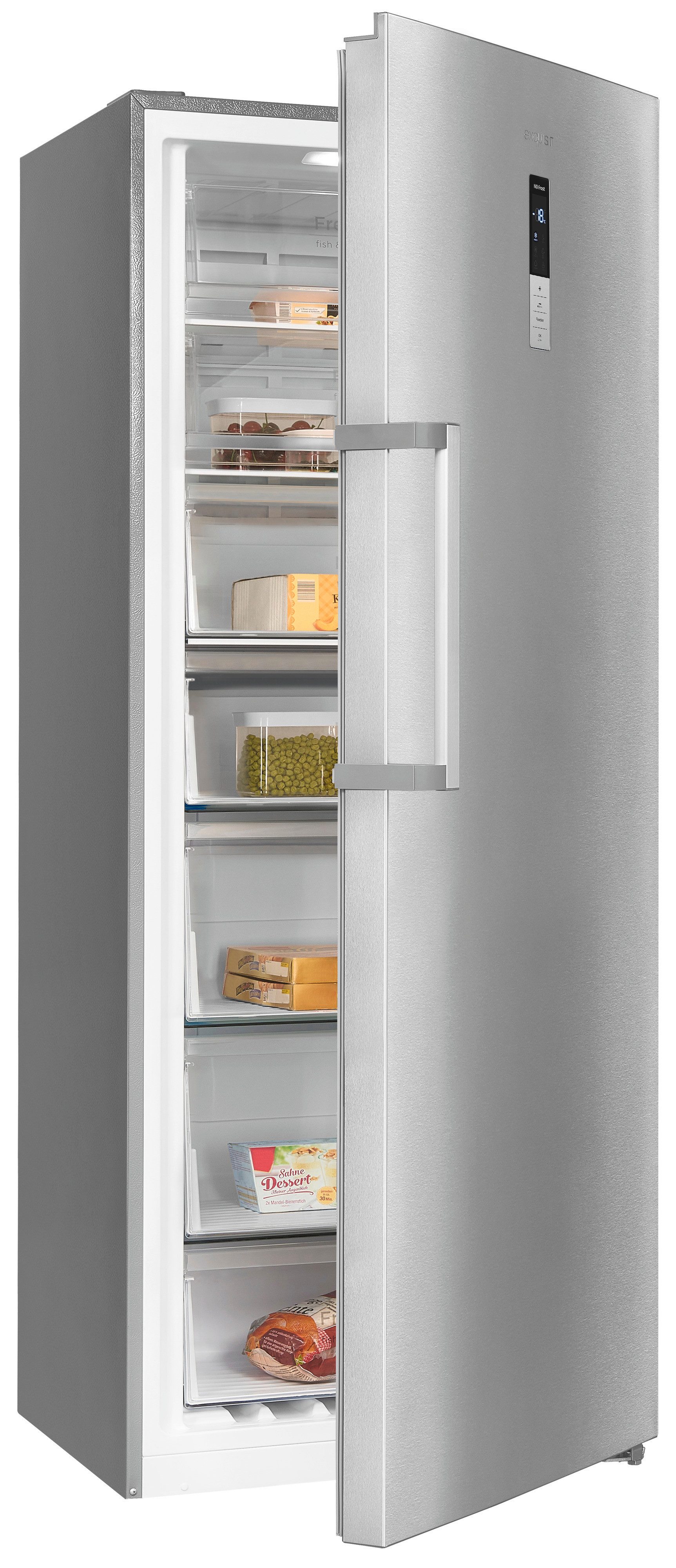exquisit Gefrierschrank GS380-NF-H-050D inoxlook, 185,5 cm hoch, 71 cm breit, Türanschlag wechselbar