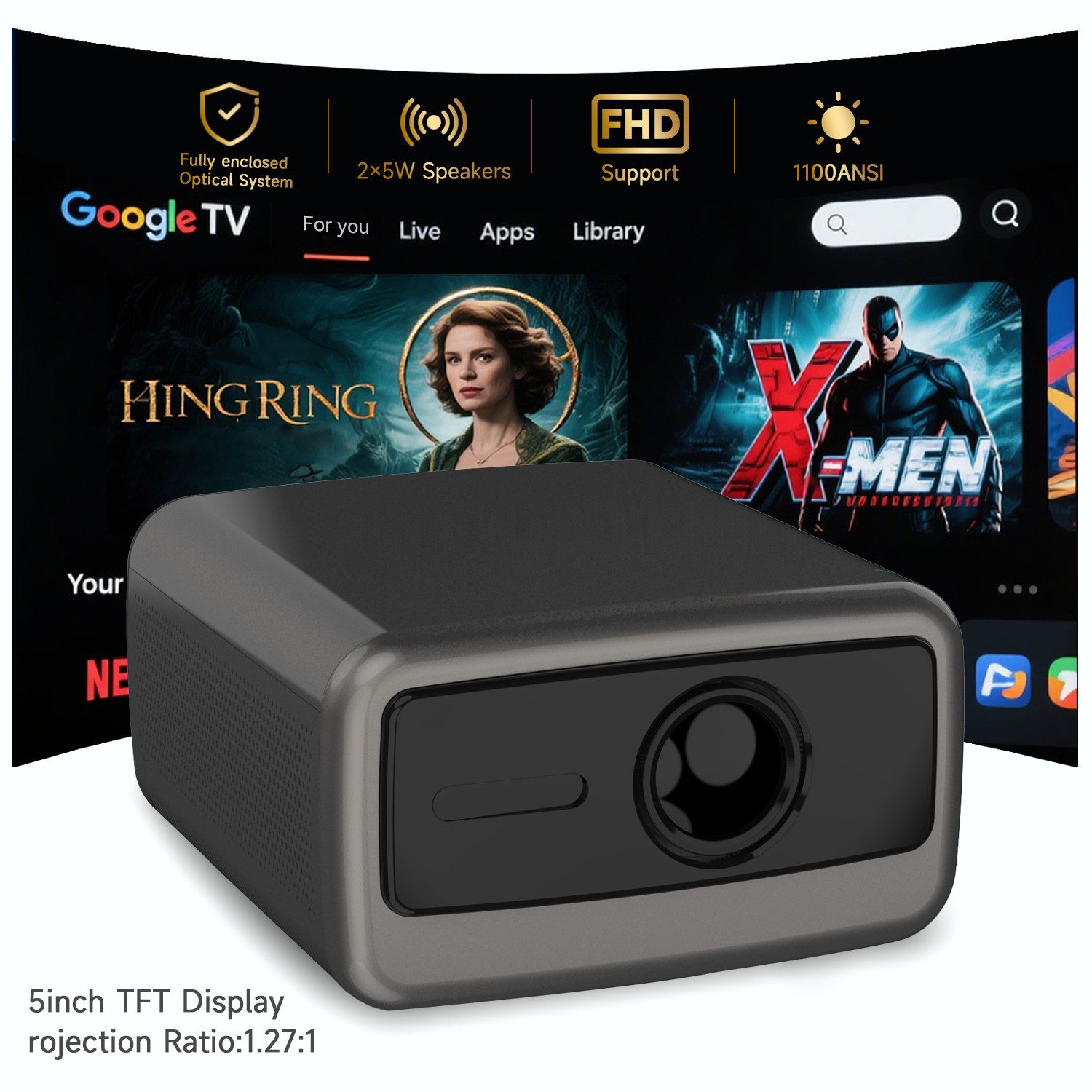 Maity Full HD 1080P Smart Проектори mit Android 11, 1100 ANSI Світлодіодний проектор (3000 lm, 1000:1, USB-Anschluss)