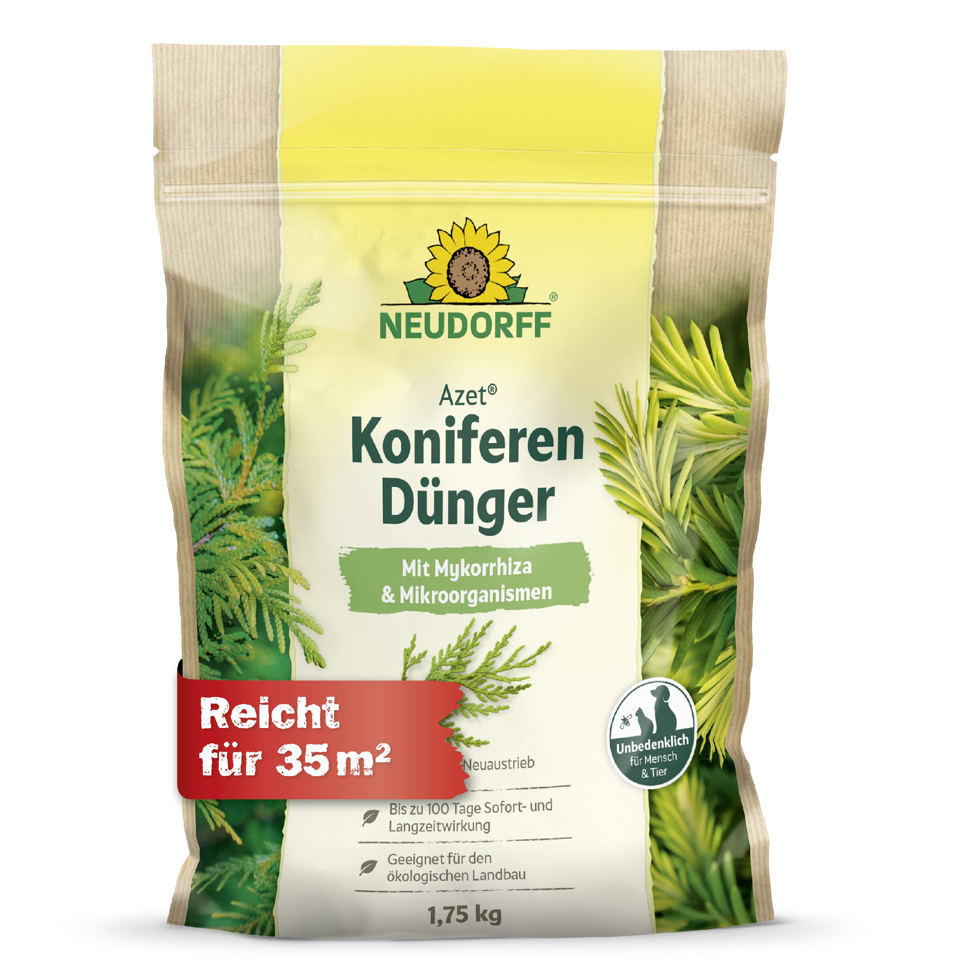 Neudorff Rasendünger Bio - Azet KoniferenDünger 1,75 kg, Fördert kräftigen Neuaustrieb und eine kräftige Nadelfarbe, Bis zu 100 Tage Nährstoffversorgung für Koniferen, Mit Mykorrhiza & Mikroorganismen für Koniferen
