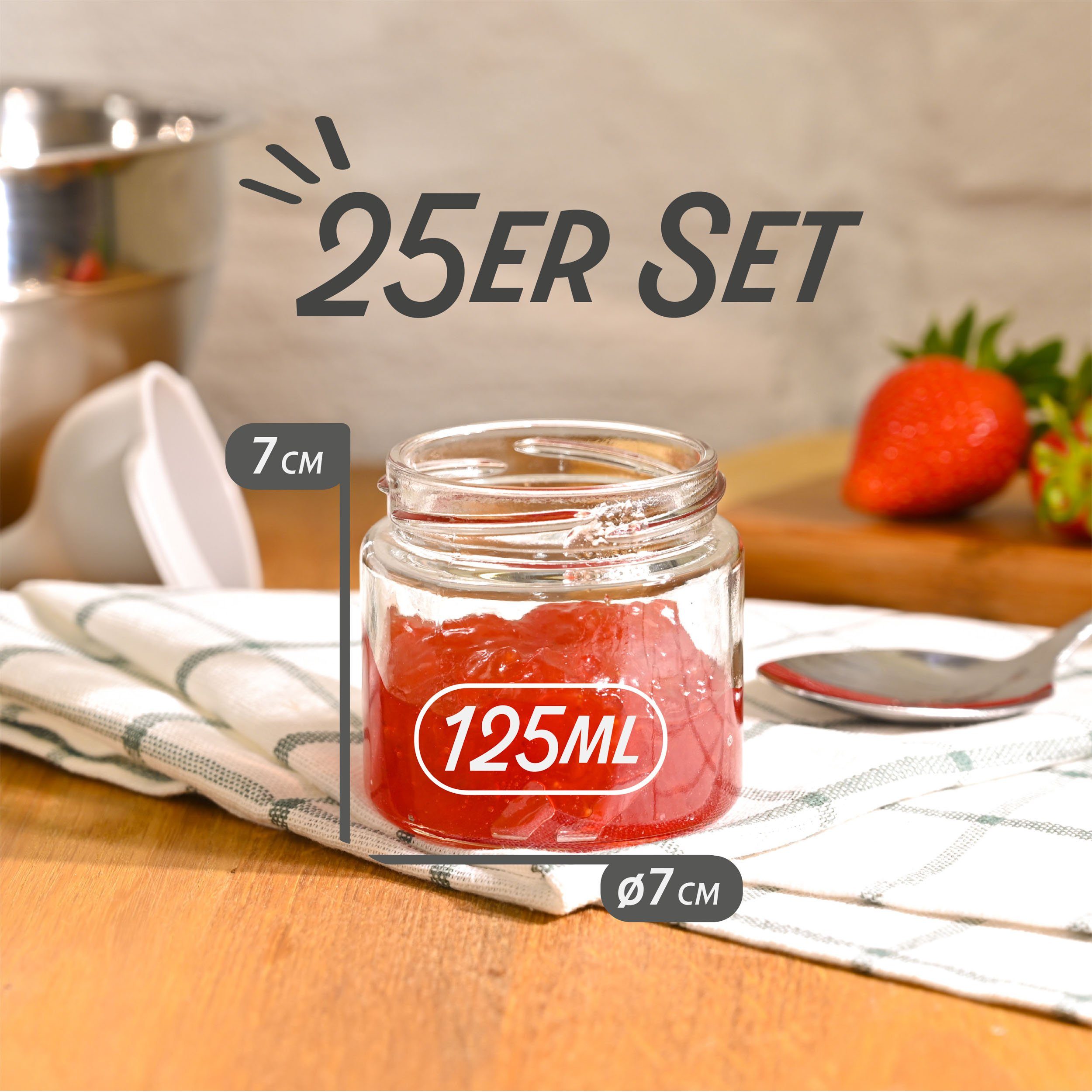 (Set, verschenken Luftdichte Einmachglas zum mit 25 Einmachgläser ml Marmeladengläser 25-tlg), 125 Deckel Glas, Etiketten Praknu Schwarz, - und Praknu