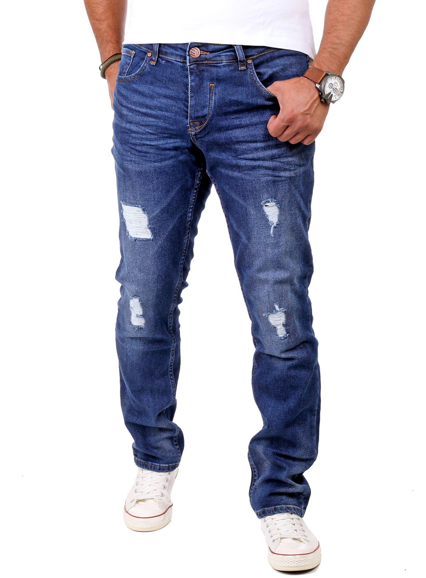 Reslad Destroyed-Jeans Reslad Look blau Destroyed Jeans-Hose Herren Fit Slim Denim Jeans Stretch Destroyed Slim Look Jeans Fit