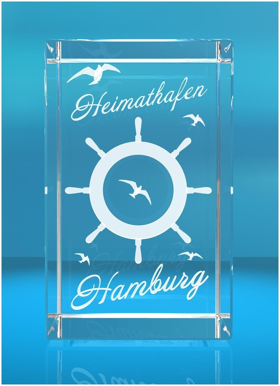 VIP-LASER Dekofigur 3D Glasquader I Hamburg I Steuerrad mit Text Heimathafen, Hochwertige Geschenkbox, Made in Germany, Familienbetrieb