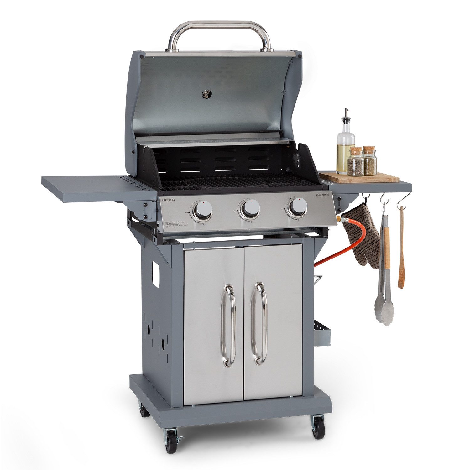 Klarstein Gasgrill Lucifer, Kombi-Set, Set, Gas Grill Smoker BBQ Edelstahl 3 Brenner Garten Mobil