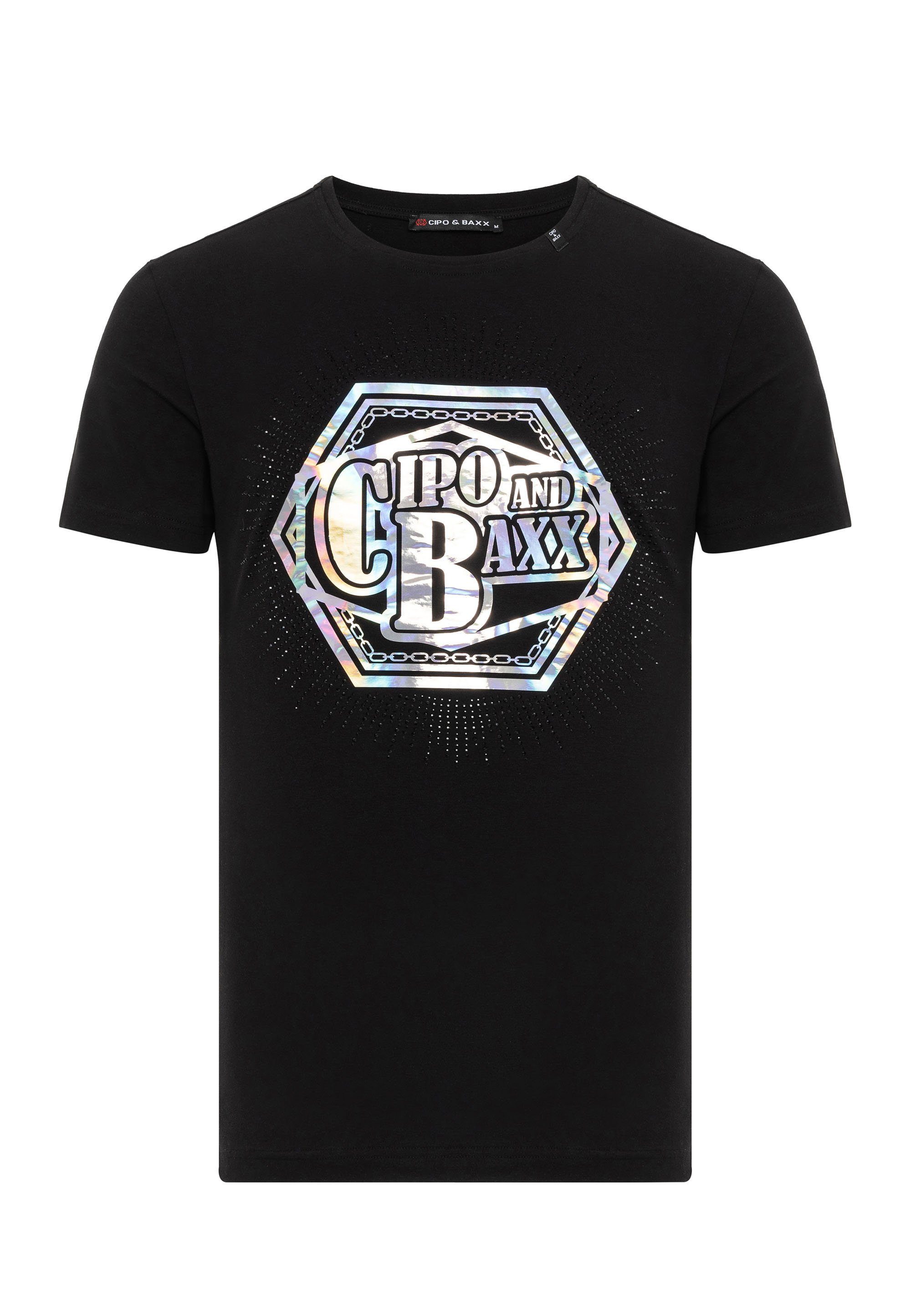 T-Shirt farbenfrohem & mit Baxx Cipo schwarz Marken-Schriftzug