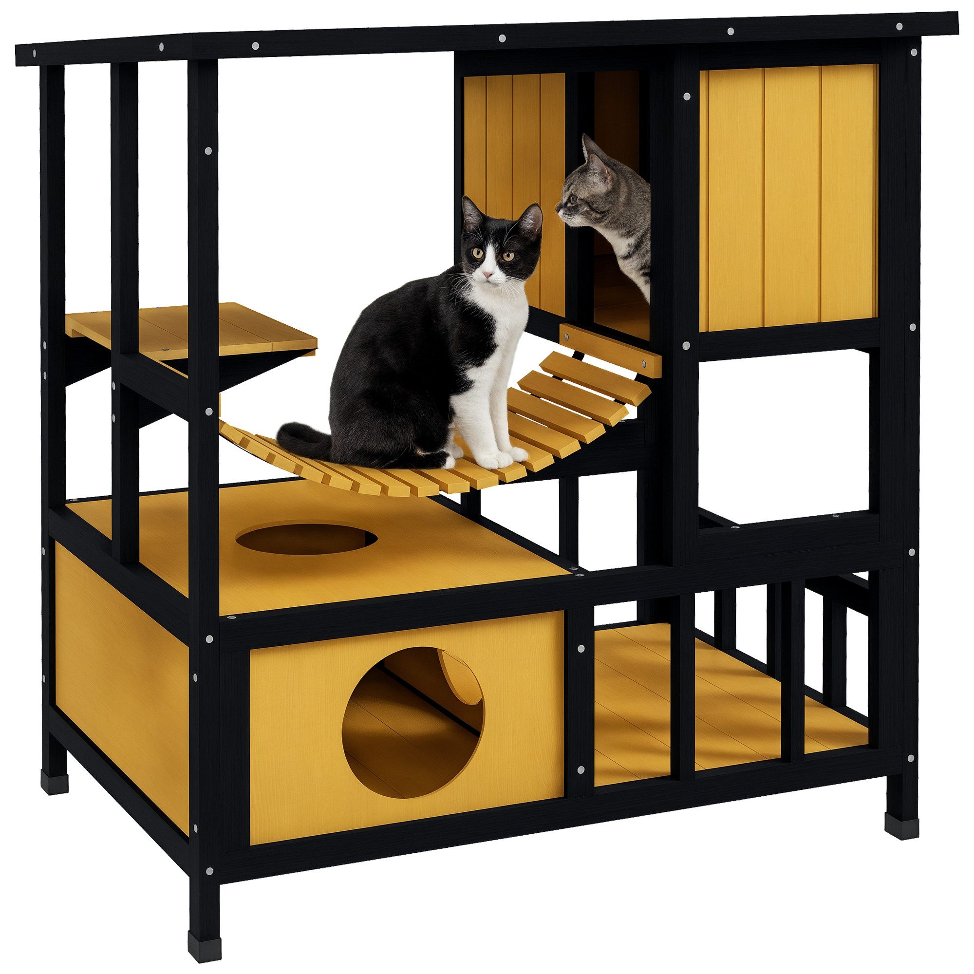 PawHut Tierhöhle Katzenhaus aus Holz mit Hängebrücke, Balkon, Plattform, für 1-2 Katzen bis 5 kg, Gelb