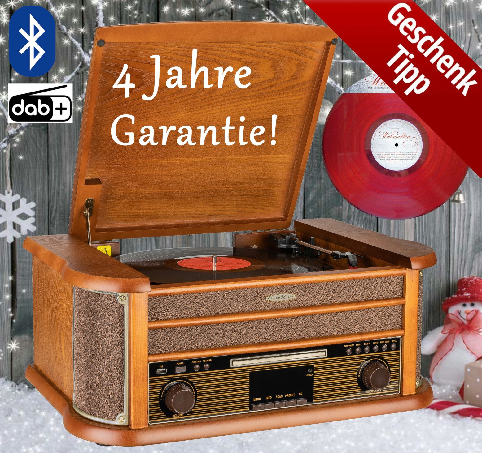 Reflexion HIF2002DAB Retro HiFi Anlage im Echtholz-Gehäuse Radioplattenspieler (Riemenantrieb, Bluetooth, Bluetooth, Kassettenspieler, CD/MP3, UKW/DAB+ Radio, Encoding-Funktion)