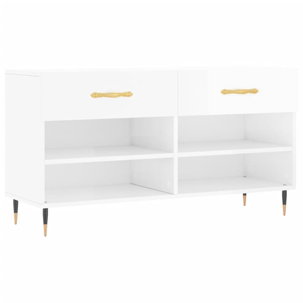 furnicato Schuhbank 102x35x55 cm Hochglanz-Weiß mit Stauraum und Eisenbeinen (1-St), Sitzbank mit 2 Schubladen, 4 Fächern und feuchtbeständiger Oberfläche