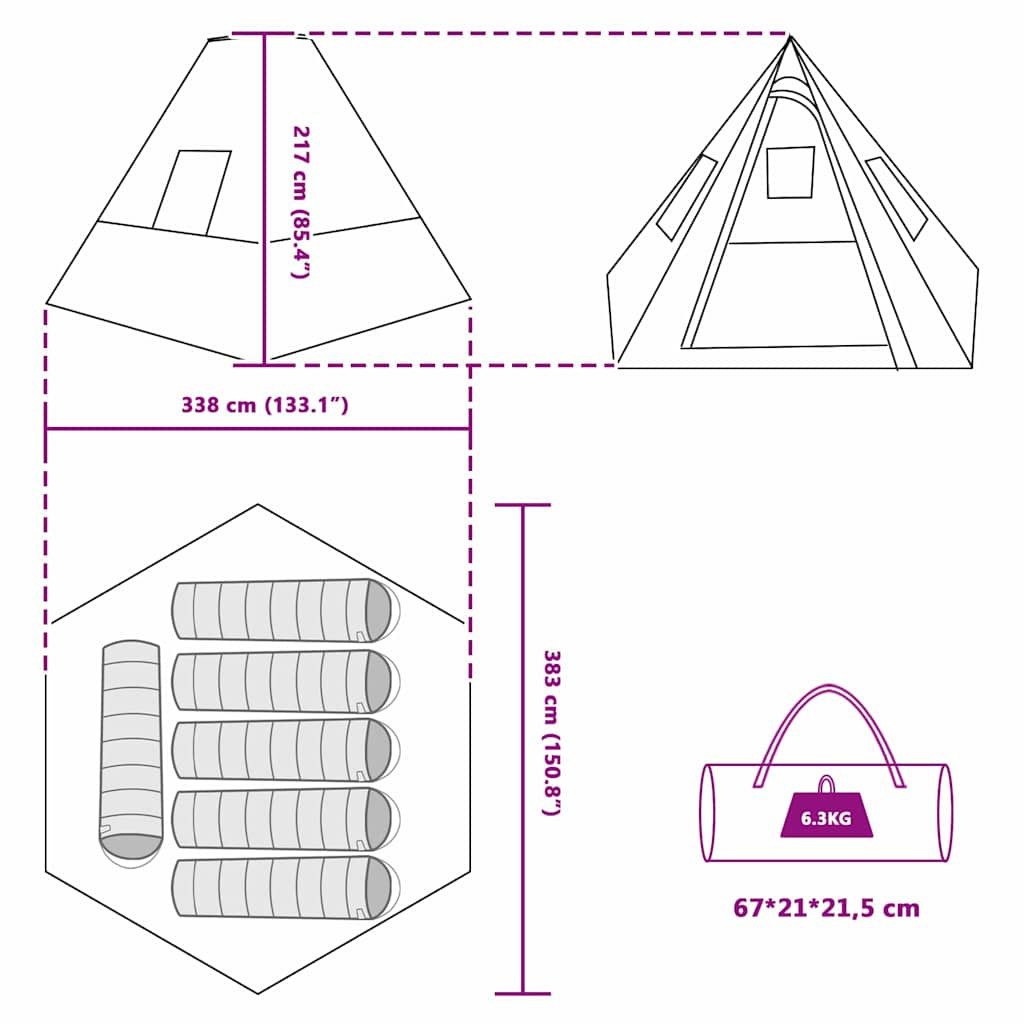 vidaXL Tipi-Zelt Tipi Zelt mit Dach mit Speicher Grün 383 x 338 x 217 cm Taft, (1 tlg)