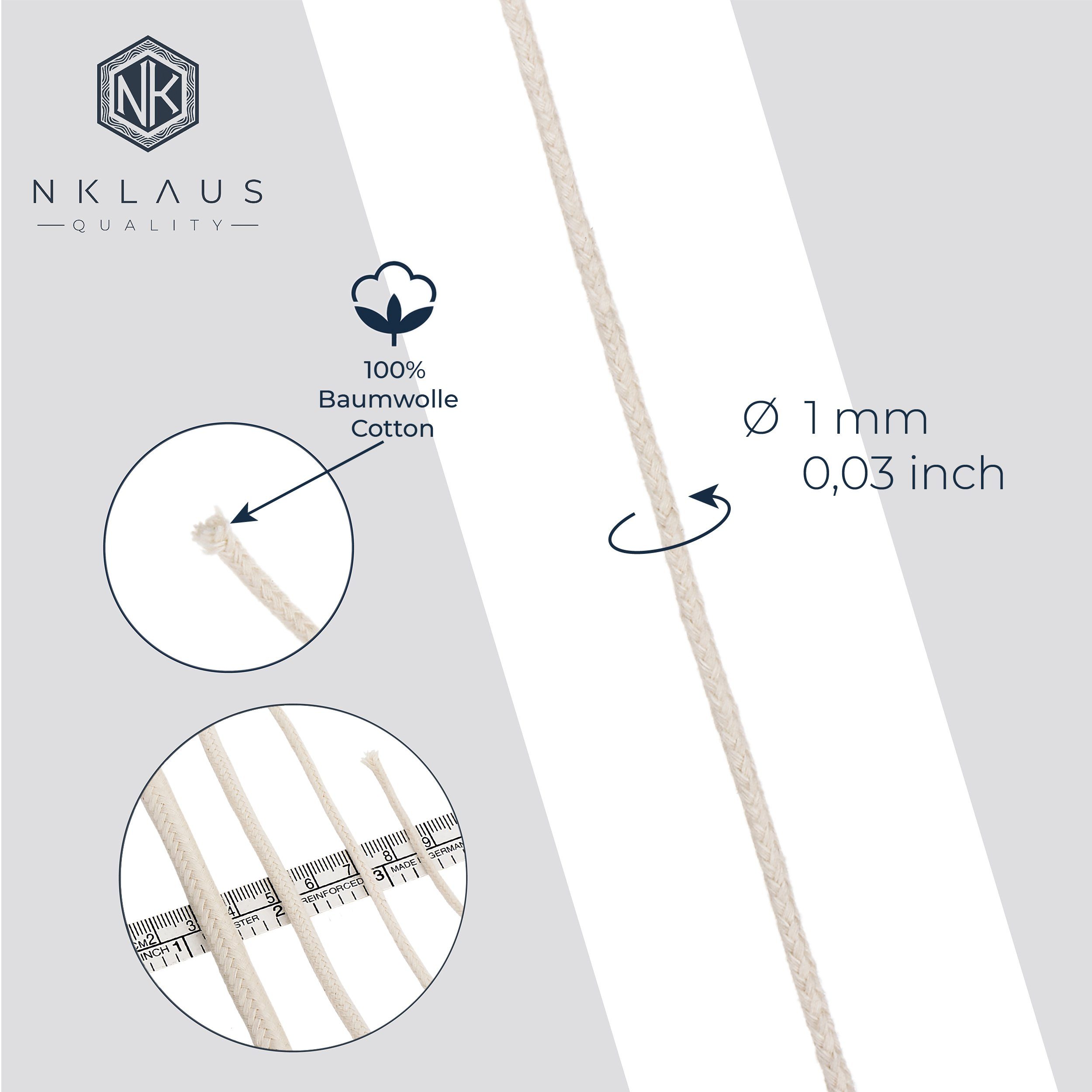 NKlaus Windlicht 3 meter dünn 100% reine 1,0mm Baumwolle Runddocht