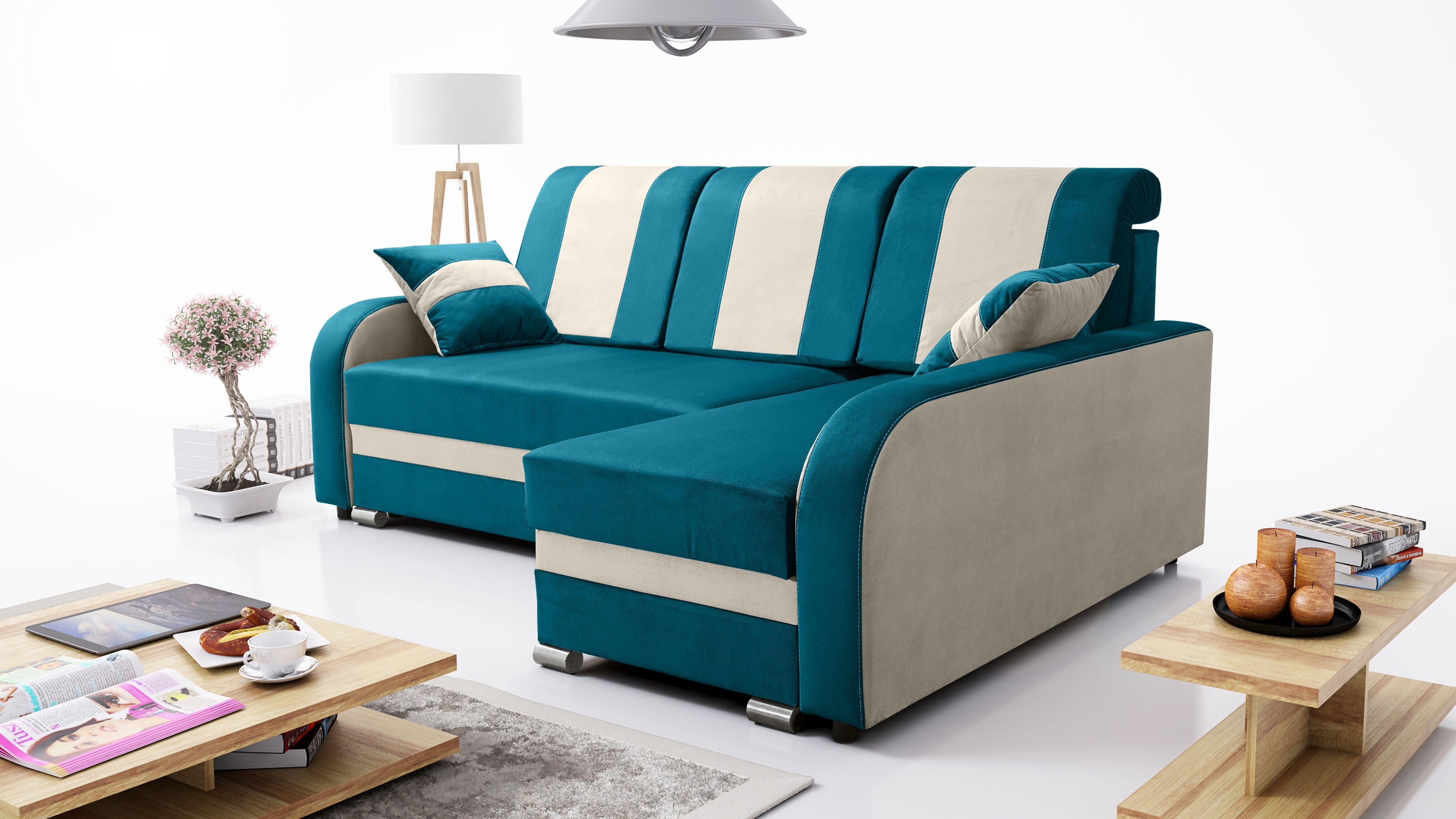 TURQUOISE+BEIGE Ecksofa Kissen robin Ecksofa Schlaffunktion mit mit BARI L-Form