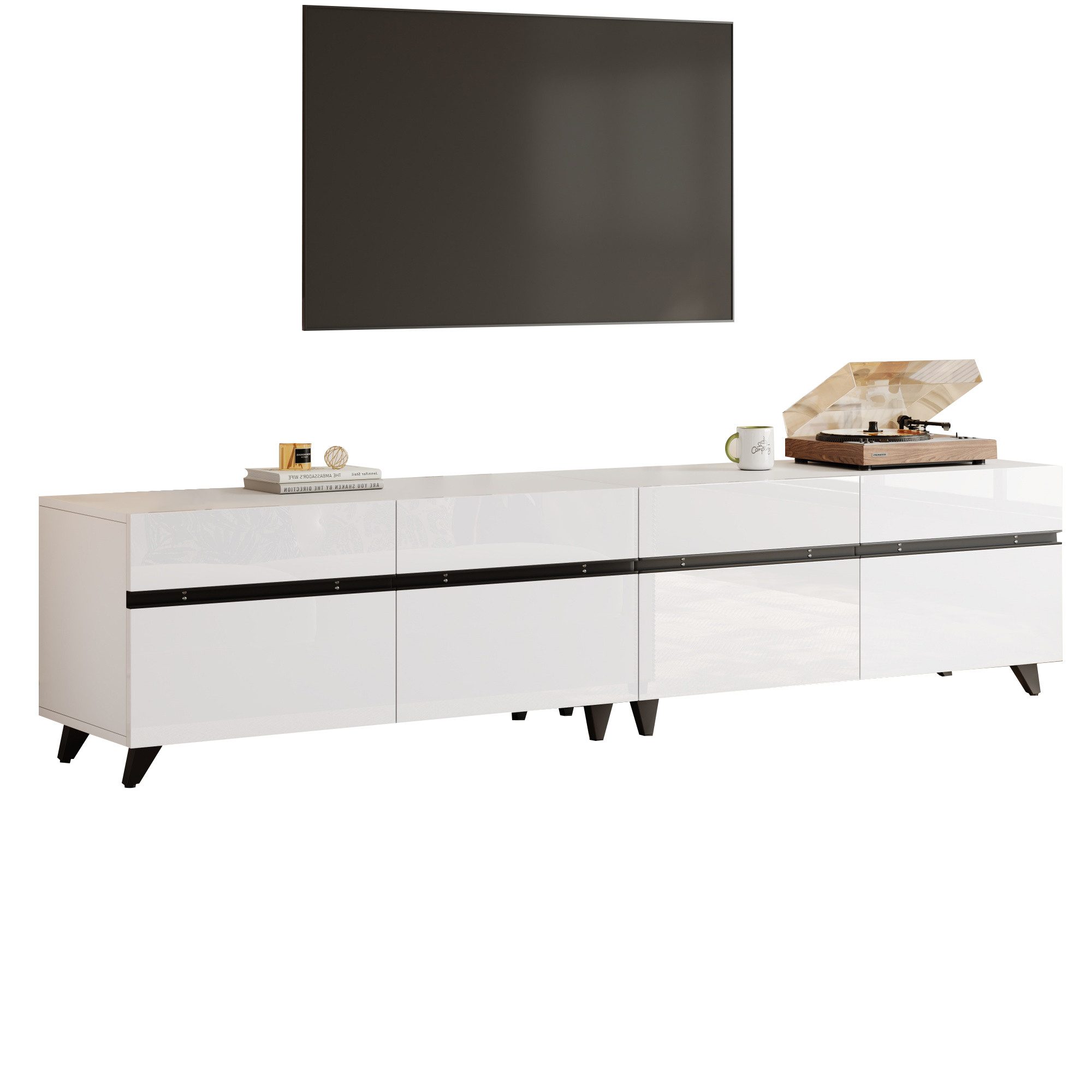 KLAM HOME Lowboard Hochglanz TV-Schrank Lowboard 180cm mit 4 Schränken (Stabiles Wohnzimmermöbel mit verstellbaren Trennwänden), Moderner Fernsehschrank für bis – Bild 2 von 5