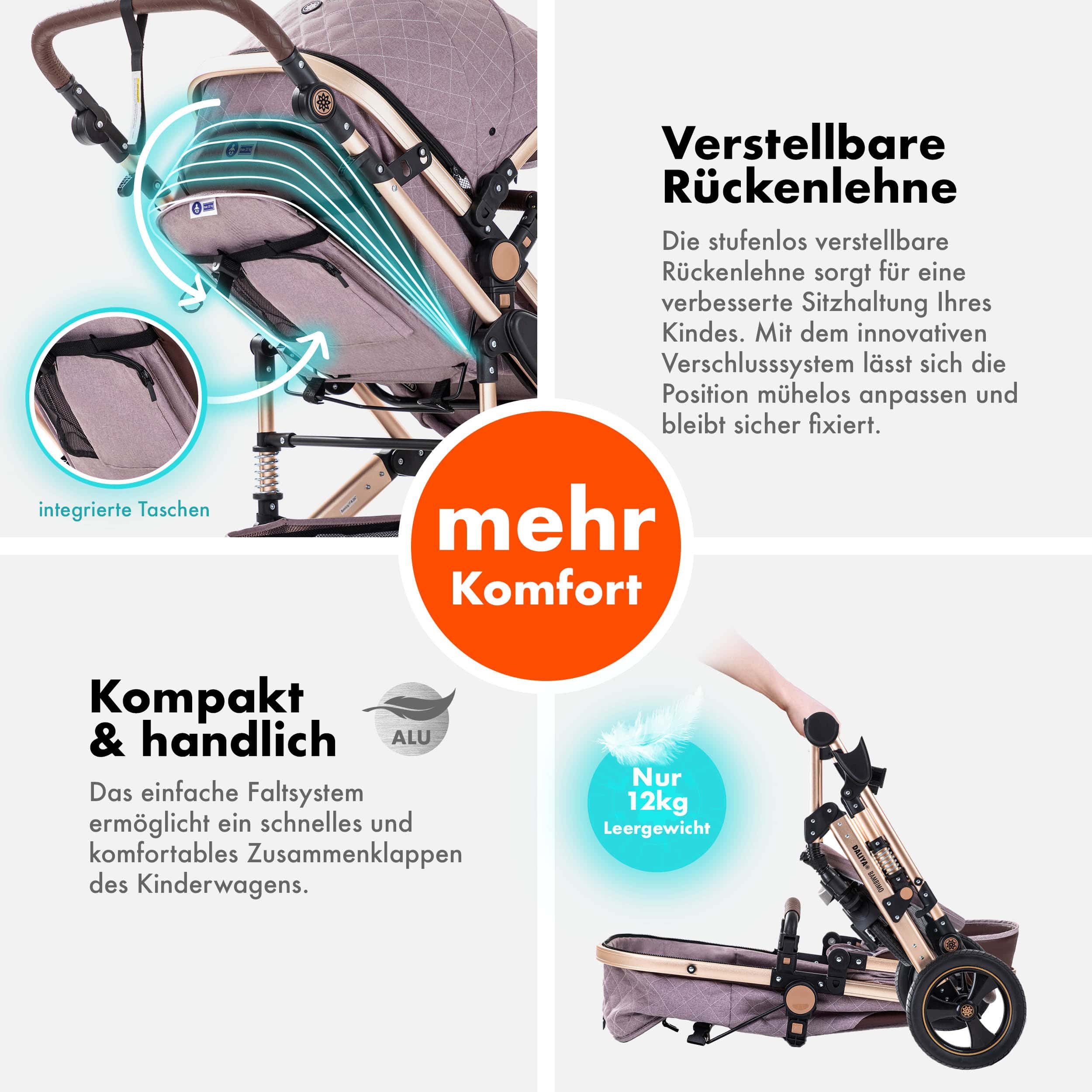 Daliya® Kombi-Kinderwagen BAMBIMO 2in1 Kinderwagen & Buggy, Babywanne und Sportsitz, Alu-Rahmen, (Grundausstattung für Babys, 9-tlg), Großer Einkaufskorb, Federung, weiche Matratze, Belüftungssystem