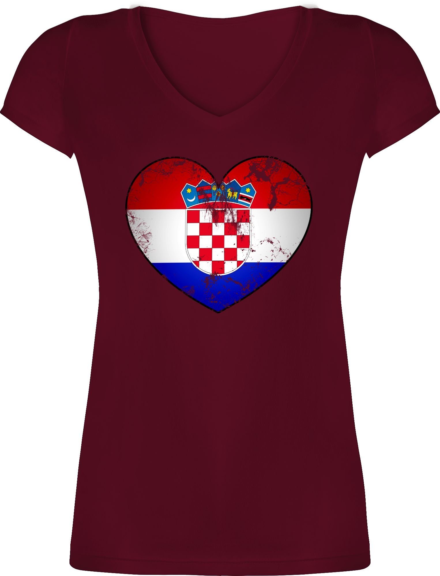 Damen Shirts Shirtracer T-Shirt Kroatien Vintage Herz - Fussball WM 2022 - Damen T-Shirt mit V-Ausschnitt Weltmeisterschaft Fana