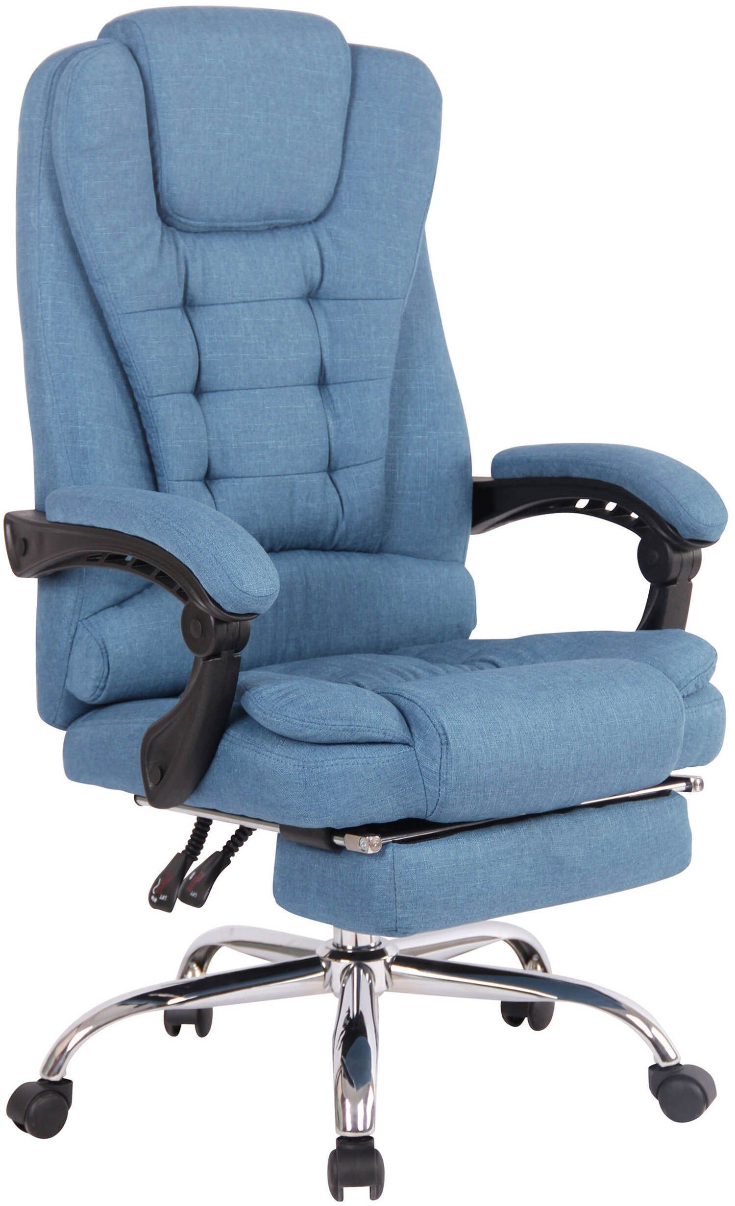 TPFLiving Bürostuhl Onix mit bequemer Rückenlehne - höhenverstellbar und 360° drehbar (Schreibtischstuhl, Drehstuhl, Chefsessel, Bürostuhl XXL), Gestell: Metall chrom - Sitz: Stoff blau