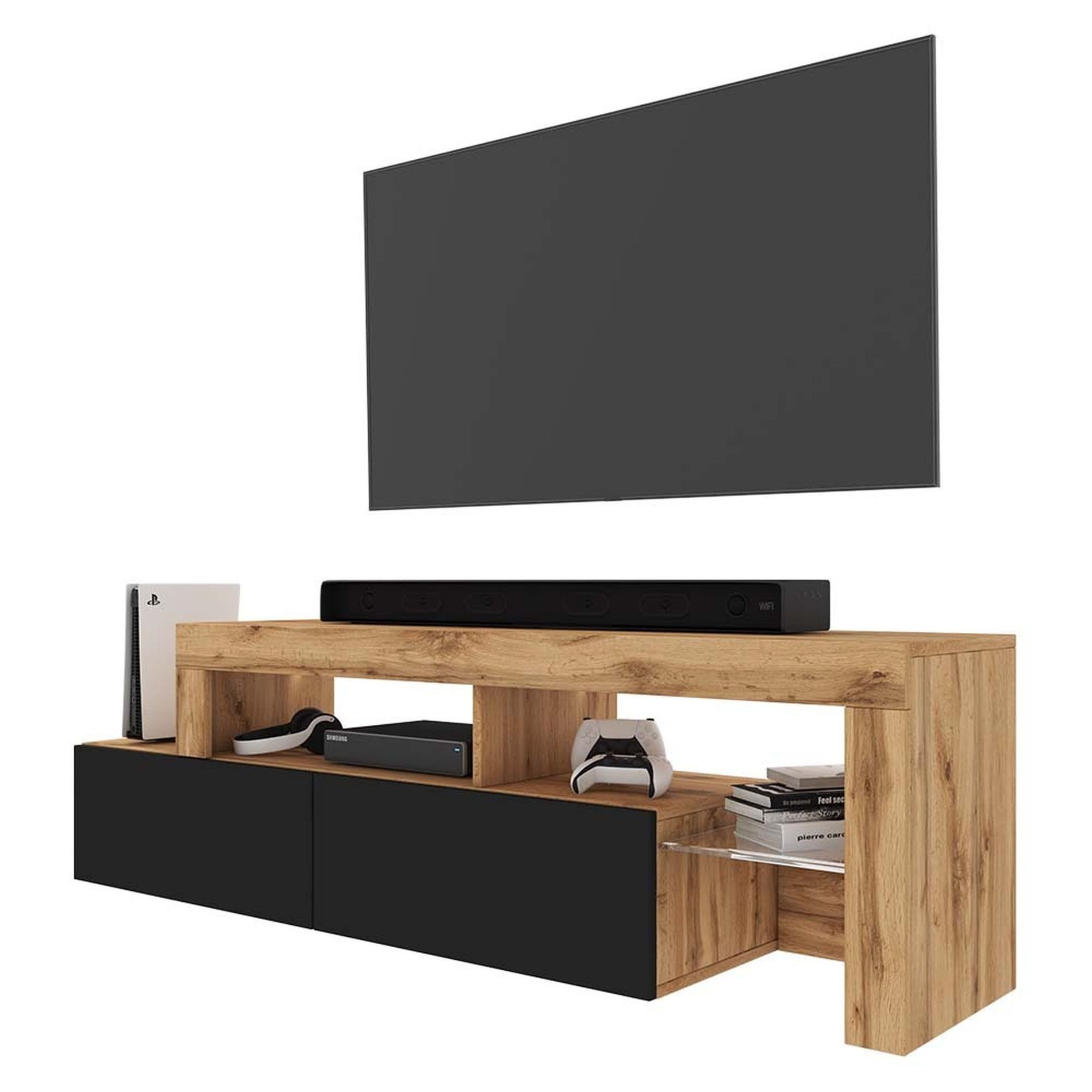 Selsey TV-Schrank ASTEN Asymmetrisches TV-Lowboard, 172 cm, Wotan-Eiche mit schwarzer Front