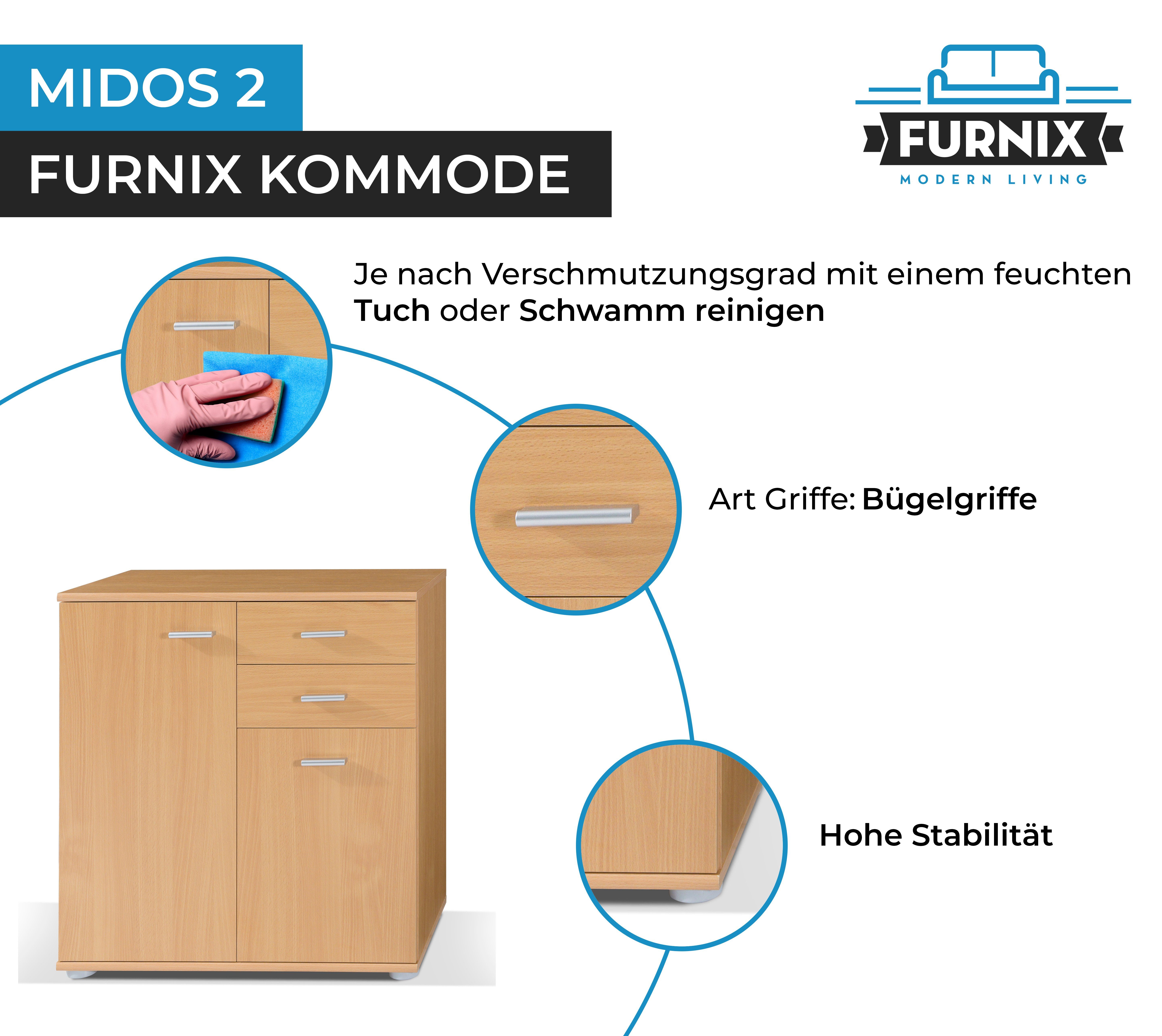 Kommode H75 Schubladen, Furnix Schrank Türen T35 2 cm multifunktionaler mit MIDOS 2, Buche B71 klassischer x und 2 x