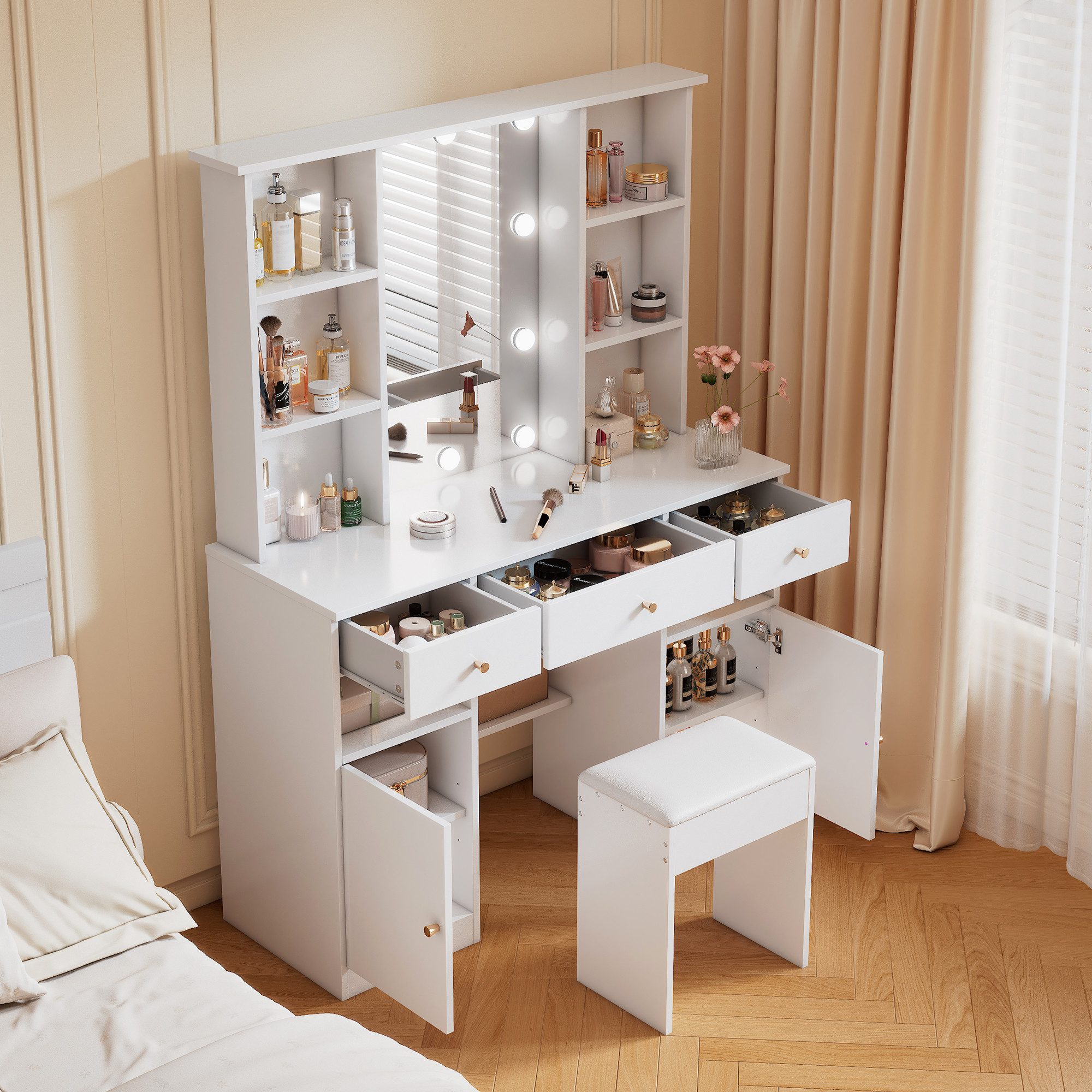 Schminktisch Spiegeltisch Spiegel Make-up Tisch Hocker verstellbar Schubladen Weiß