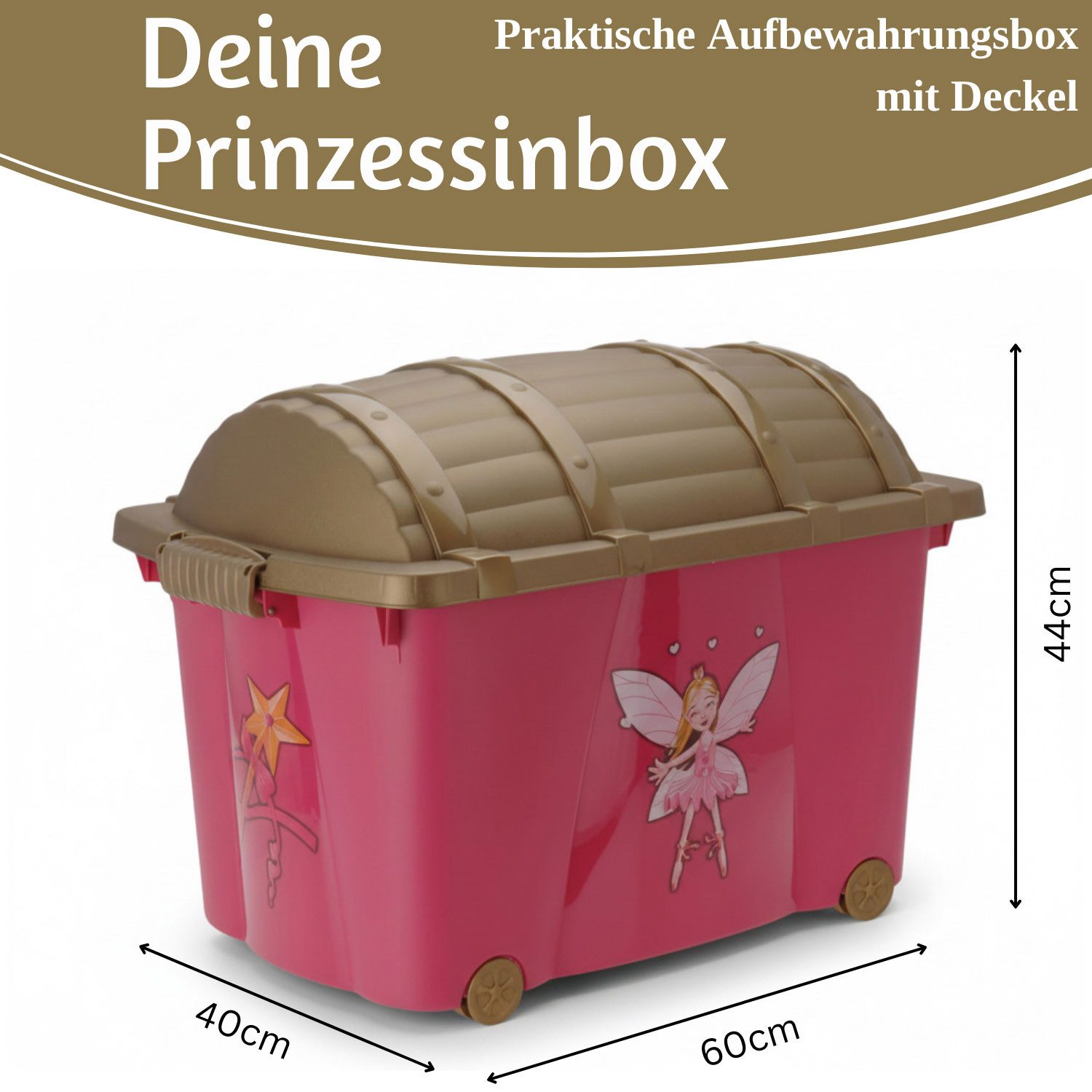 LS-LebenStil Spielzeugtruhe XL Spielzeugkiste Prinzessin Fee Aufbewahrungsbox Rollbox Rollen (Süßes Rosa Pink mit Deckel in Gold, 1 St., Kinderzimmer, Aufbewahrung für Kuscheltiere, Rollbox), Spielzeugbox Feen Mädchen Geschenk kinderleicht verschließen