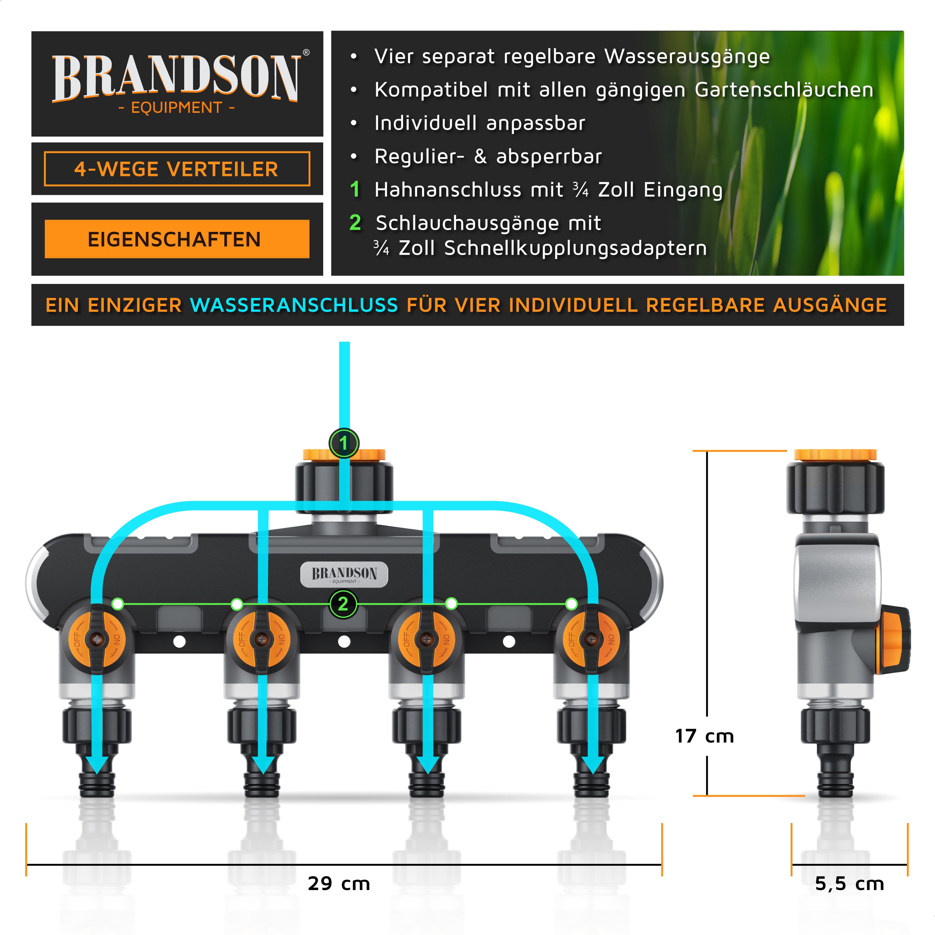 Brandson 4-Wege Verteiler 4-fach Schlauchverteiler, Gartenschlauch Wasserverteiler, 3/4 1/2 Zoll, (1-tlg), Regulierbarer Wasserhahn Schlauch Verteiler für Gartenbewässerung