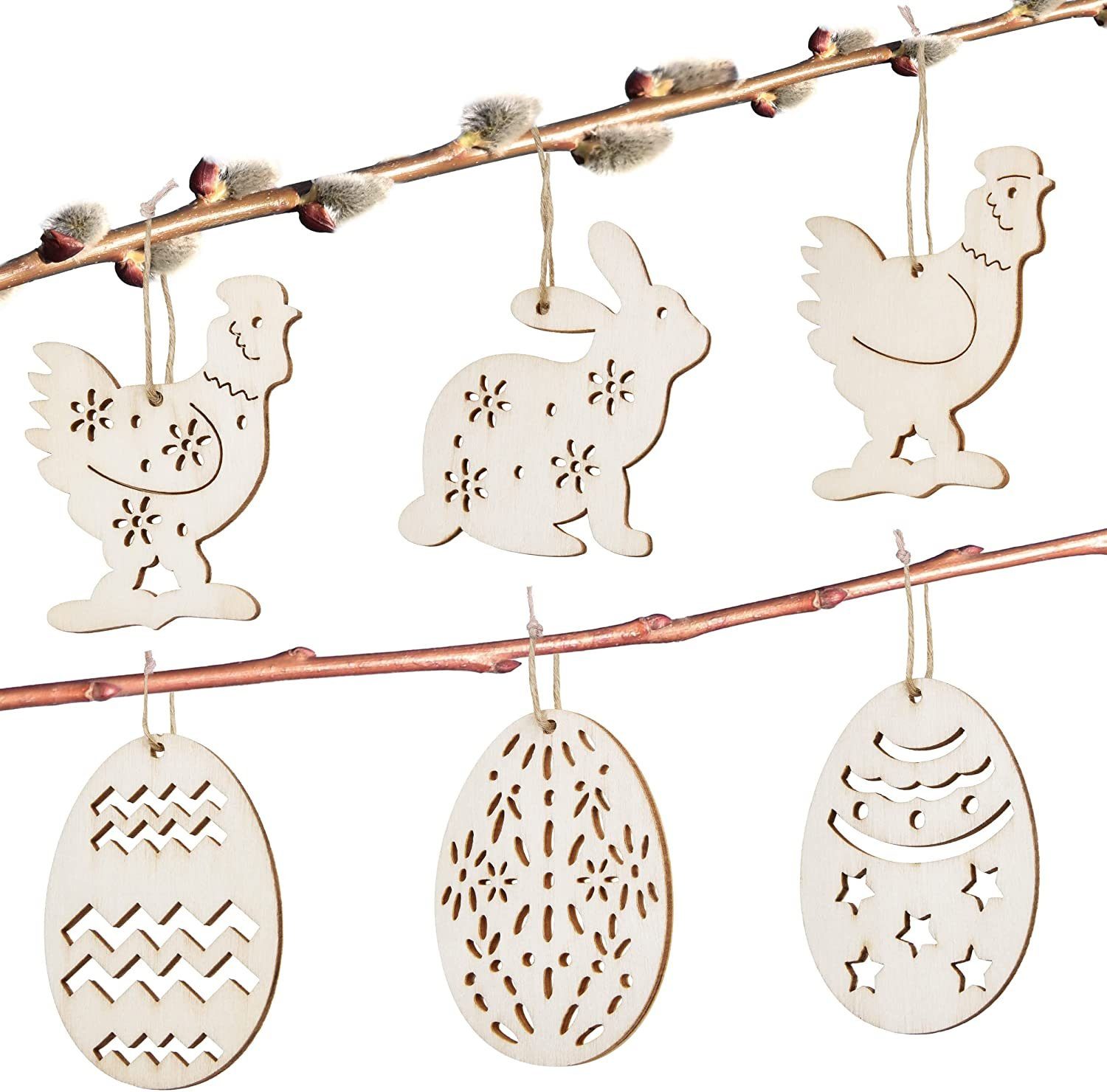 BRUBAKER Dekohänger Ostereier, Hasen und Hühner Dekoanhänger (Set, 24 St., für DIY Basteln, Oster Partys und Frühlingsdekorationen), Holzanhänger Ostern ca. 6 cm - Holz Deko Osteranhänger