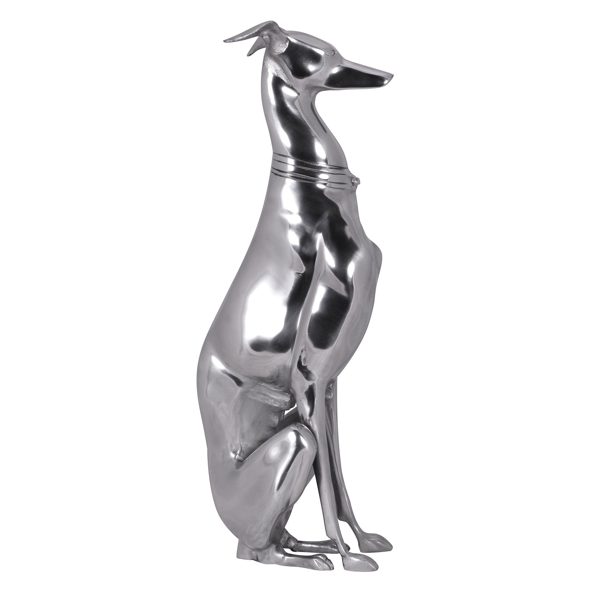 FINEBUY Tierfigur FB37863 Deko Design Dog aus Aluminium silbern Windhund Skulptur (Hundefigur Groß, Skulptur Hundestatue Dekoration), Windhund 18x70x25cm Aluminium Metall Silber Modern