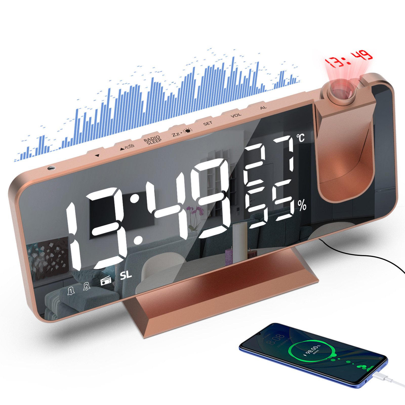 MODFU Проекційний будильник Digital Будильники Радіо годинники Digitalwecker Projektion LED Alarm Radio mit Akku Projektion 180 ° Dual-Alarm Temperatur 12/24H USB-Anschluss