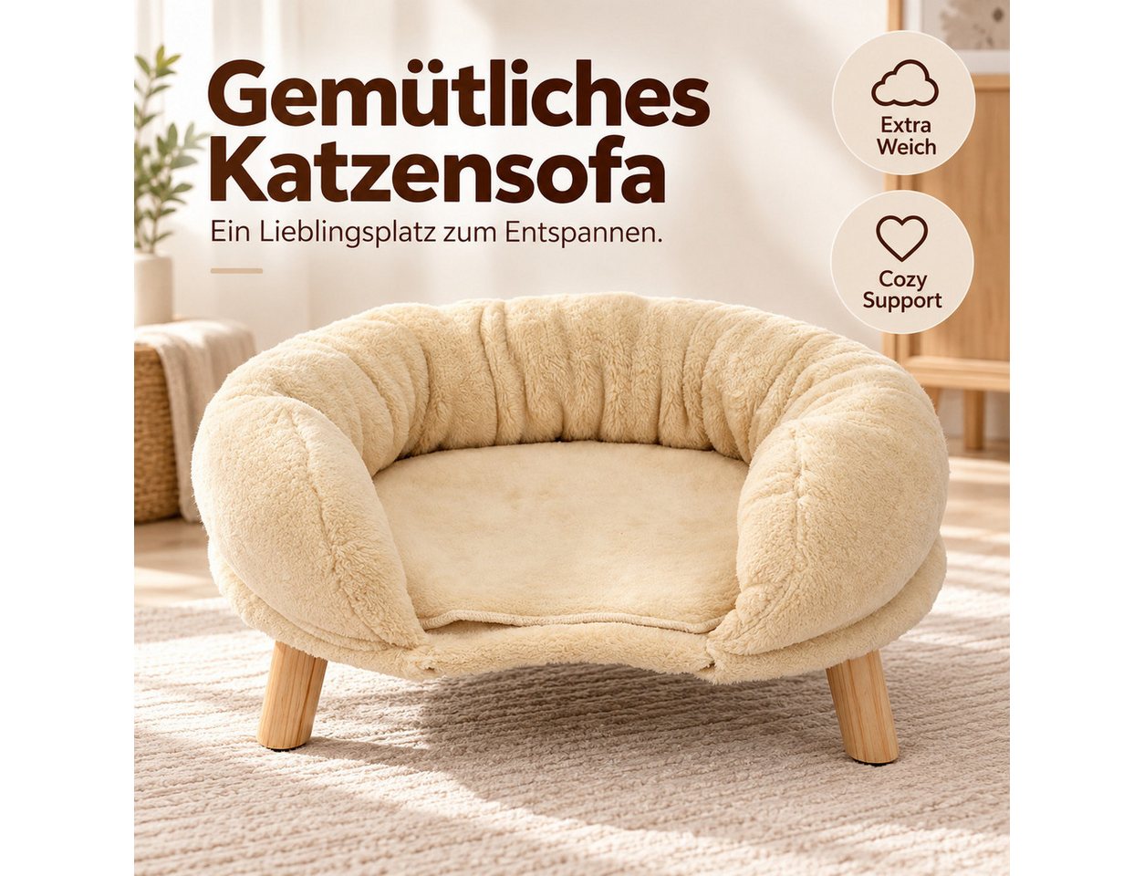 MIBODE Tierbett Beiges Katzensofa, gemütliches Katzenbett, Polyester, Ergonomisch, kratzfest, rutschfest, geräuscharm, erhöhte Umrandung